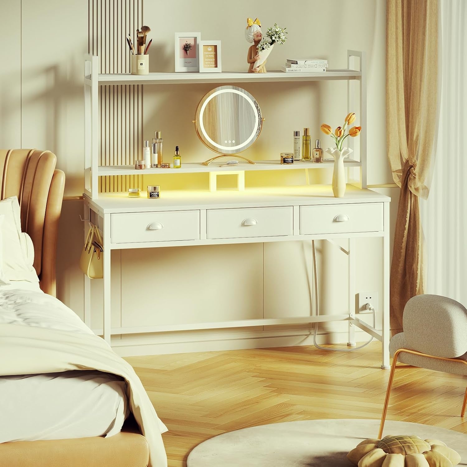 47'' White Computer Desk with 3 Drawers Hutch, LED Lights, Home Office Desks, Gaming Table with Monitor Stand, 2AC Power Outlets and 2 USB Ports, Modern Work Study Table for Bedroom