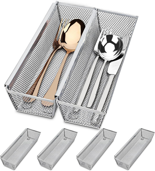 Silverware Drawer Organizer Set, 6-Piece Cutlery and Utensil Organizer with Interlocking Arm, Grey (9.6 x 3 x 2 Inches)