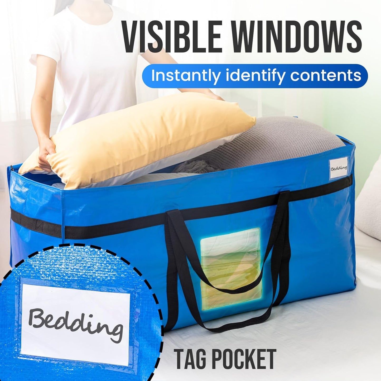 69 Gallon Extra Large Storage Bags, XXL Blue Heavy Duty Moving Bags for Storage with Visible Window, Wrap around Handles, Totes for Space Saving, Alternative to Moving Boxes (2 Pack)