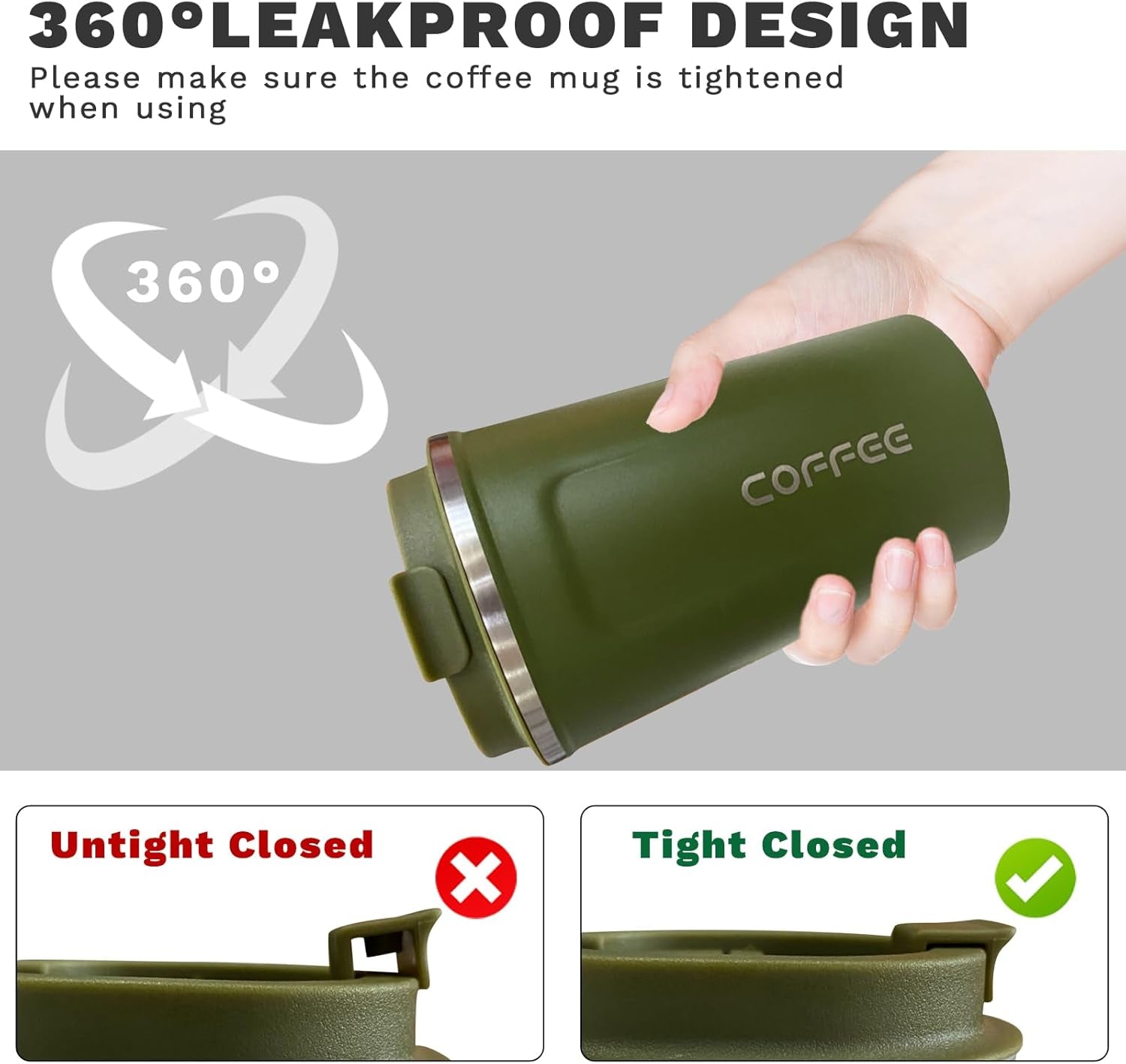 Insulated Travel Coffee Mug, Spill & Leak Proof, Portable to Go Camping Stainless Steel Coffee Tumbler, Reusable Thermal Coffee Cup with Lid for Hot & Cold Drinks (2Nd-Green, 12 OZ)