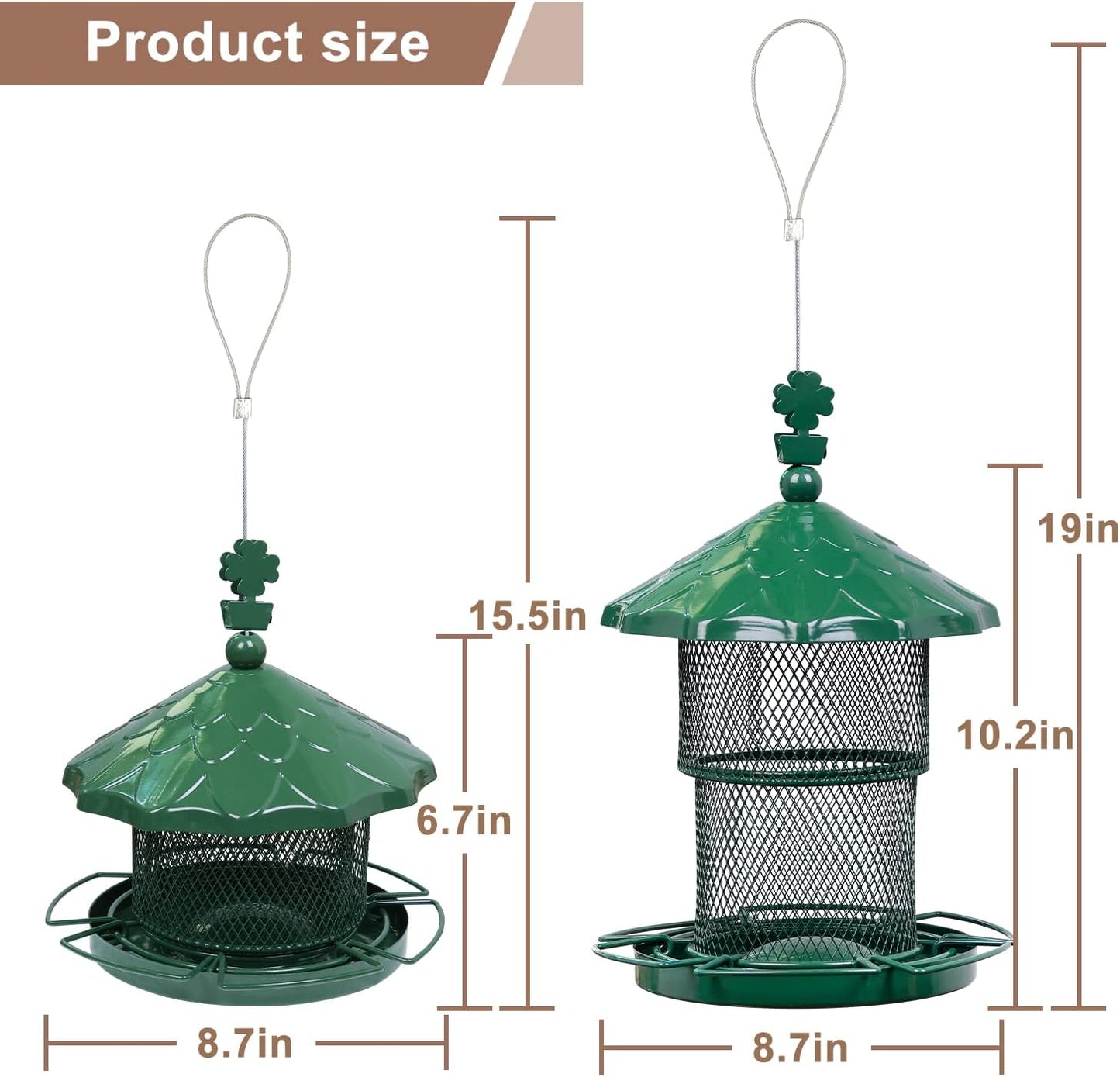 Metal Bird Feeder Tube Hanging Bird Seed Feeder Squirrel Proof Birds Feeder for outside Decoration, Large Capacity Feeder for Outdoor Garden,Green