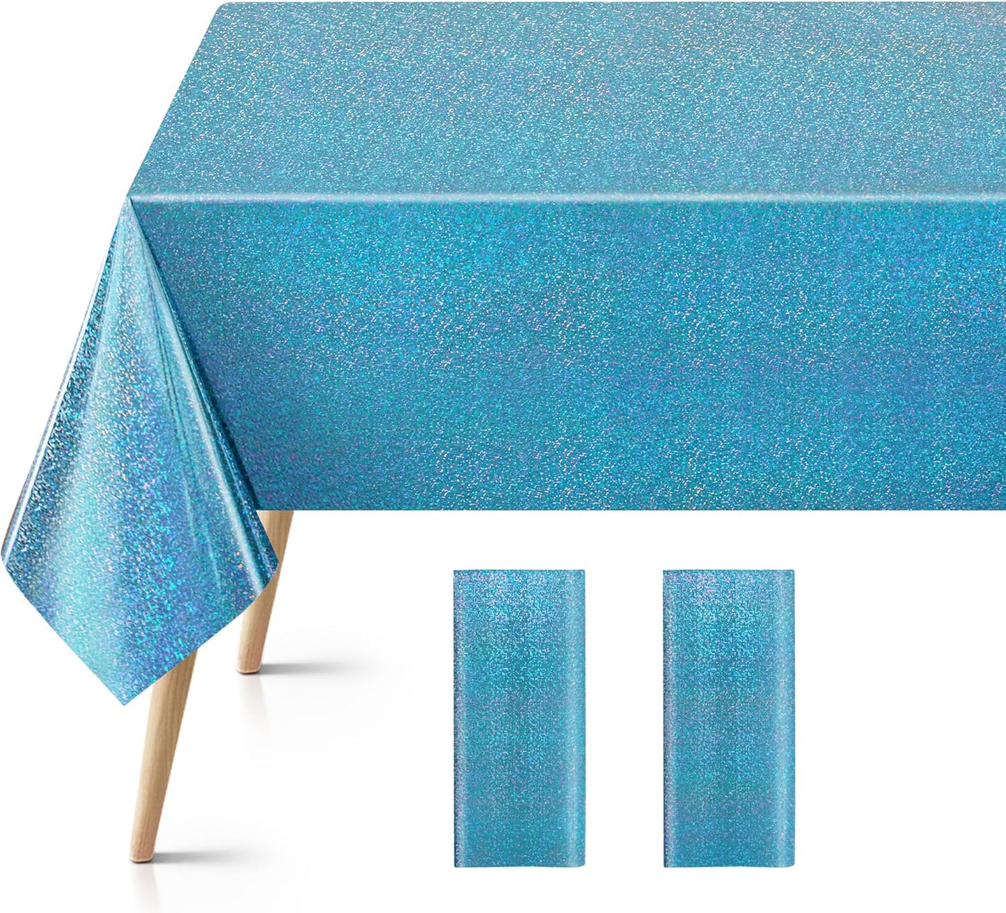 Set of 2 Blue Holographic Foil Tablecloths, 54x108 Durable Table Covers for Elegant Events, Ideal for Parties, Weddings, and Showers