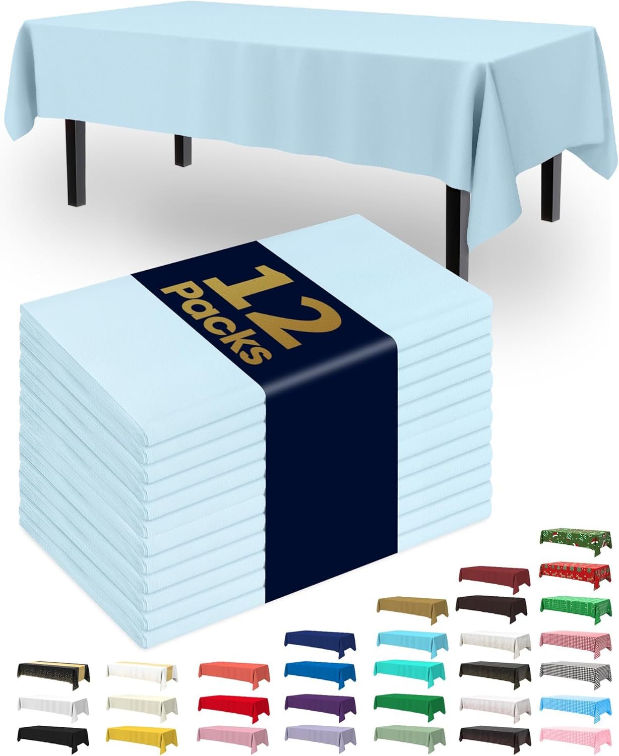 Plastic Table Cloth Disposable 12 Pack, 54 X 108 Inch Table Cloths, Easter Party, Picnic, Wedding, Decorative Tablecloths, Rectangle, Baby Blue Plastic Cover, Leakproof & Sturdy, Light Blue