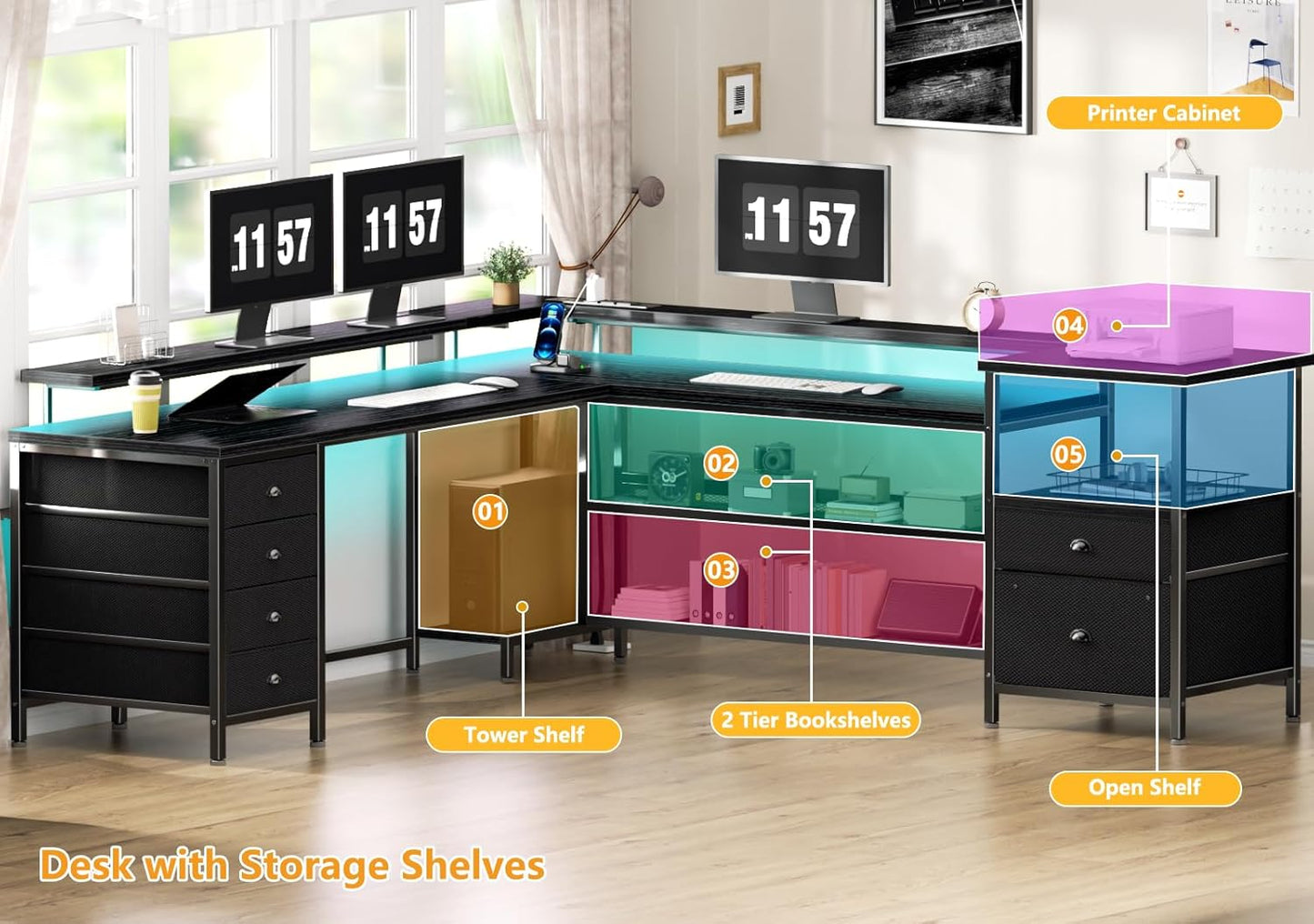 66" L Shaped Gaming Desk with 6 Drawers & Printer Storage Shelves, Reversible Computer Corner Desk with Power Outlets & LED Lights, Home Office Table with Monitor Stand, Black