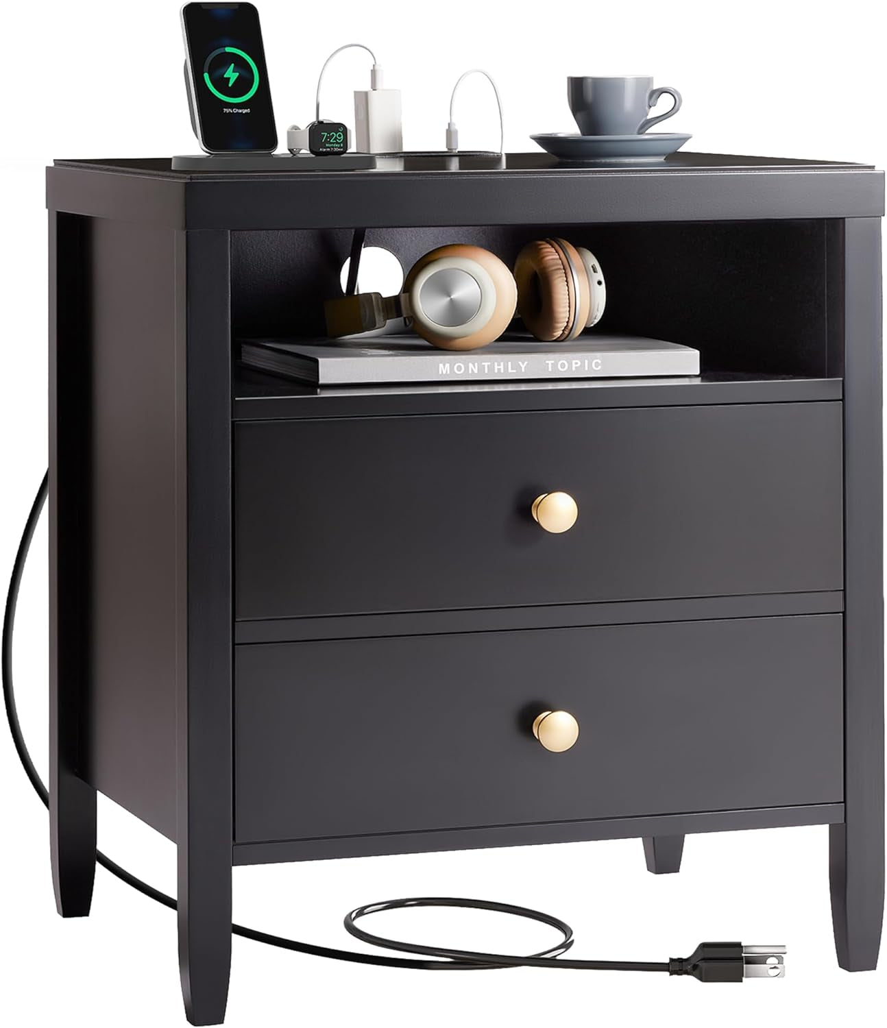 Modern Black Nightstand with Charging Station and Two Drawers, Stylish Bedside Table with Storage Solutions and Metal Knobs