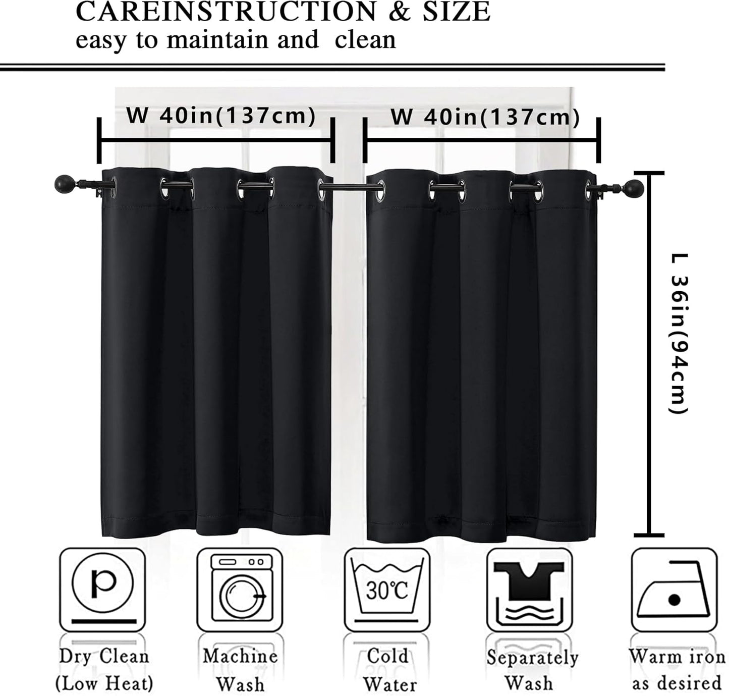 Halloween Black Short Cafe Curtains 36 Inch Length 2 Panels Set, Half Window Grommet Privacy Drape Tiers for Kitchen, Thermal Insulated Curtains Blackout for Bathroom Shades, W40 X L36