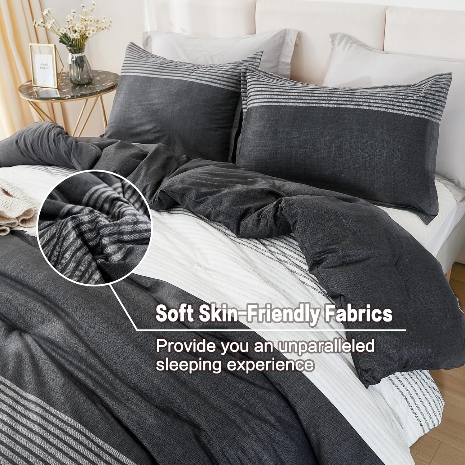 Full Size Comforter Sets Black White Grey - 3 Pieces Lightweight Bedding Set, All Season down Alternative Comforter (1 Comforter, 2 Pillowcases)