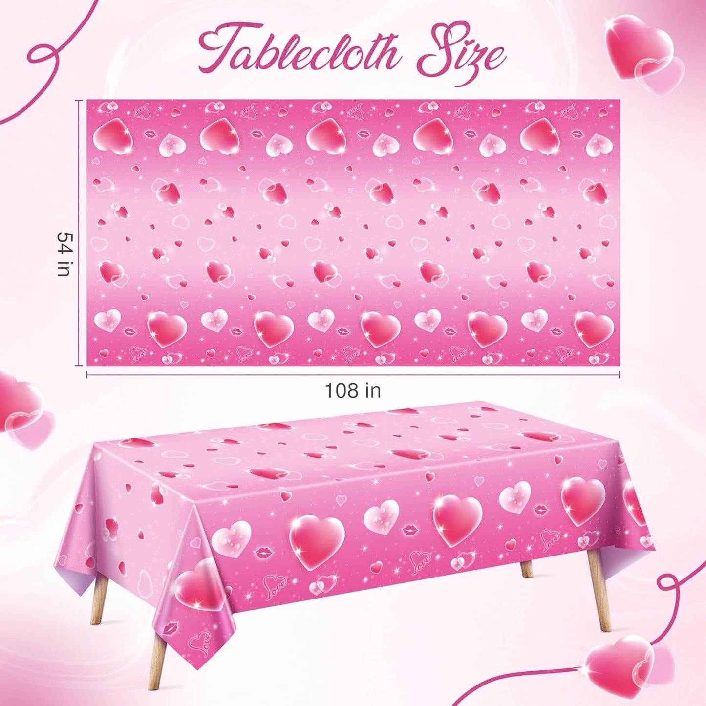 Set of 2 Pink Plastic Tablecloths, 54x108 inches with Dreamy Pink Hearts - Disposable Waterproof Decorations for Galentine's Day, Romantic Weddings, Anniversaries, and Engagements