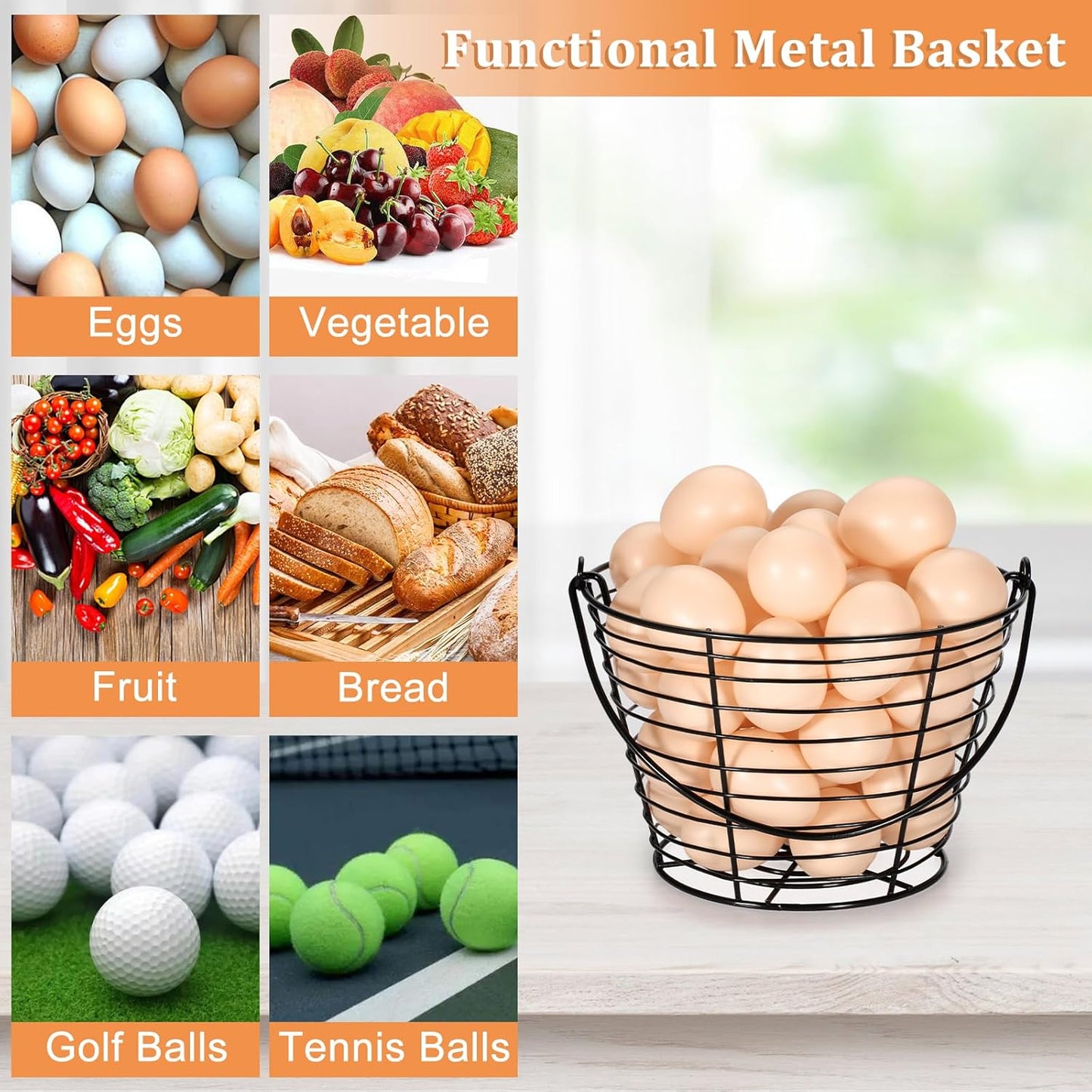 Set of 3 Black 8-Inch Round Wire Egg Baskets with Handle for Collecting Fresh Chicken and Duck Eggs, Ideal Countertop Storage Solution