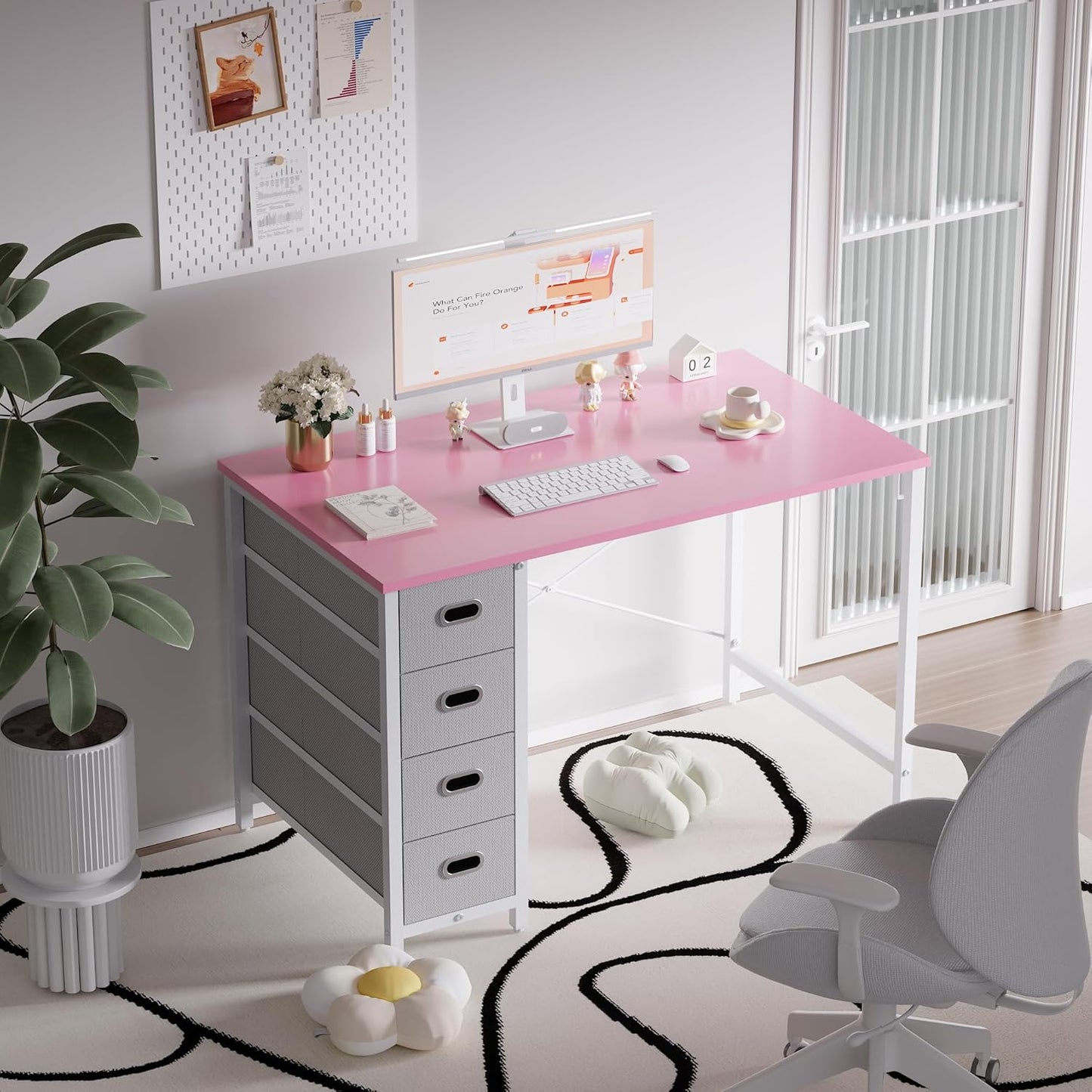 40 Inch Computer Desk with 4 Drawers Small Office Desk for Home Bedroom Study Writing Simple Modern Computer Table Pink