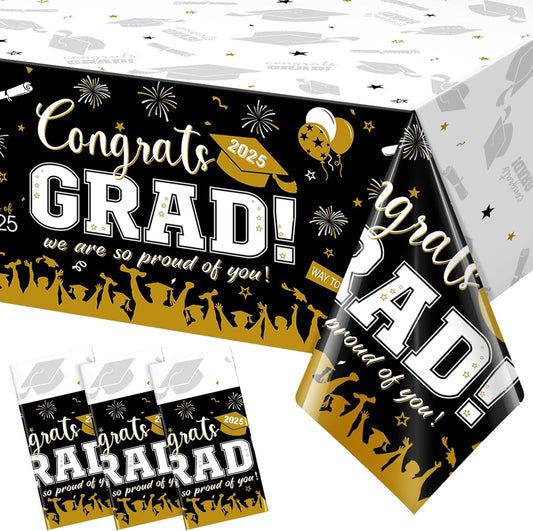 3 Pack Graduation Tablecloth Party Decorations, Class of 2025 Congrats Grad Plastic Tablecover Party Supplies, Black and Gold Rectangle Graduation Table Decor for College High School Party, 54X108Inch