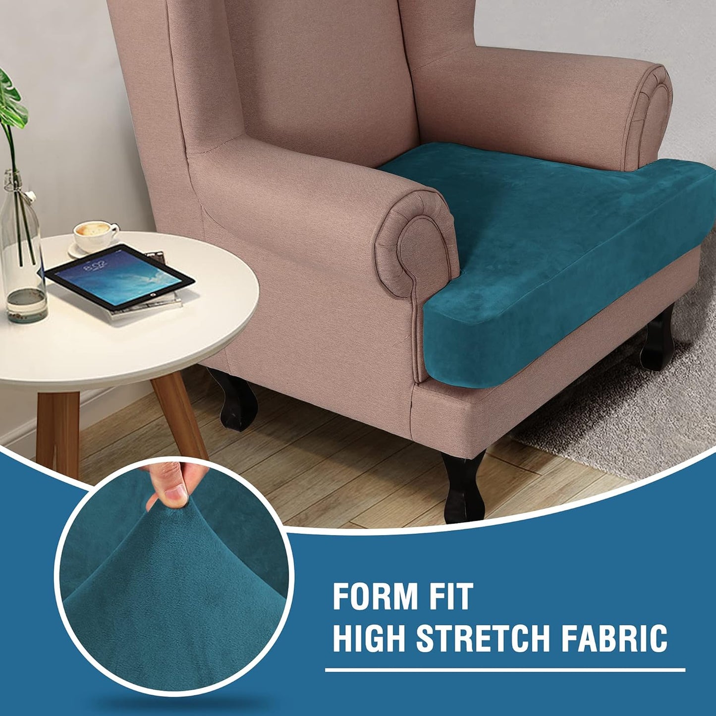 Stretch Velvet T Cushion Chair Covers for Living Room Armchair Sofa Cover Couch Cover Slipcover T Cushion Seat Cover Stay with Elastic Bands(Armchair, Deep Teal)
