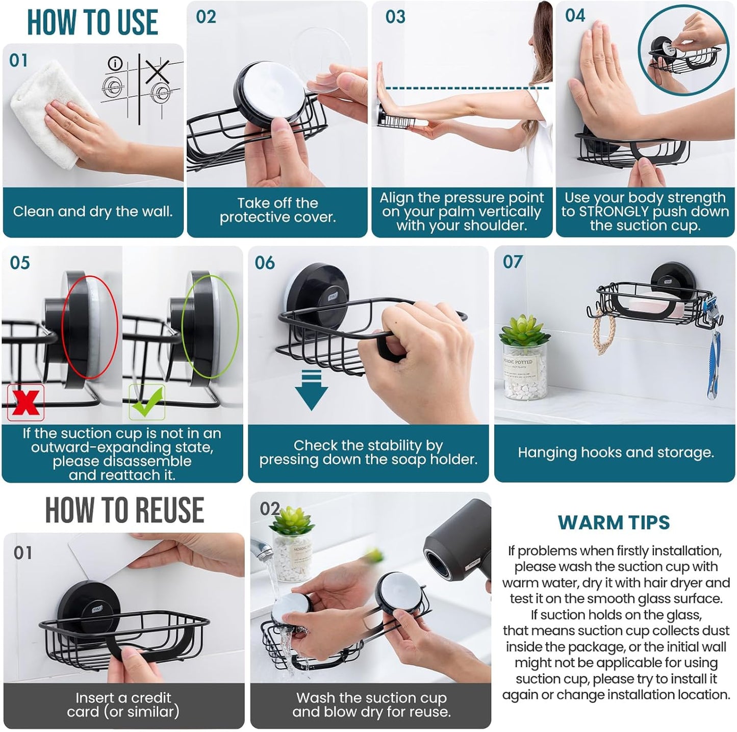 Soap Bar Holder Dish with Hooks, Shower Soap Tray Saver Suction Cup with Razor Holder for Wall, Rustproof Stainless Steel Bath Shampoo Caddy for Bathroom Accessories Organizer,Sink,Black