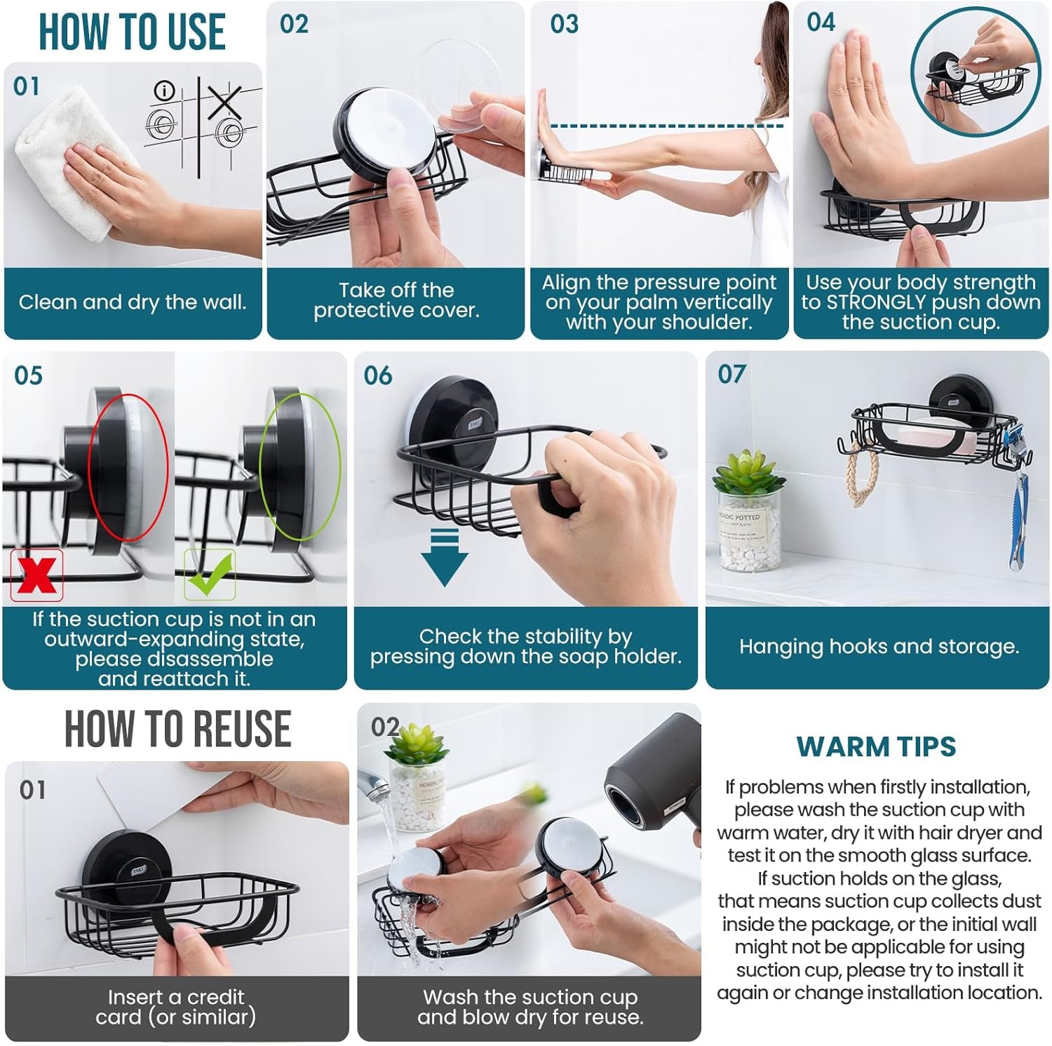 Soap Bar Holder Dish with Hooks, Shower Soap Tray Saver Suction Cup with Razor Holder for Wall, Rustproof Stainless Steel Bath Shampoo Caddy for Bathroom Accessories Organizer,Sink,Black