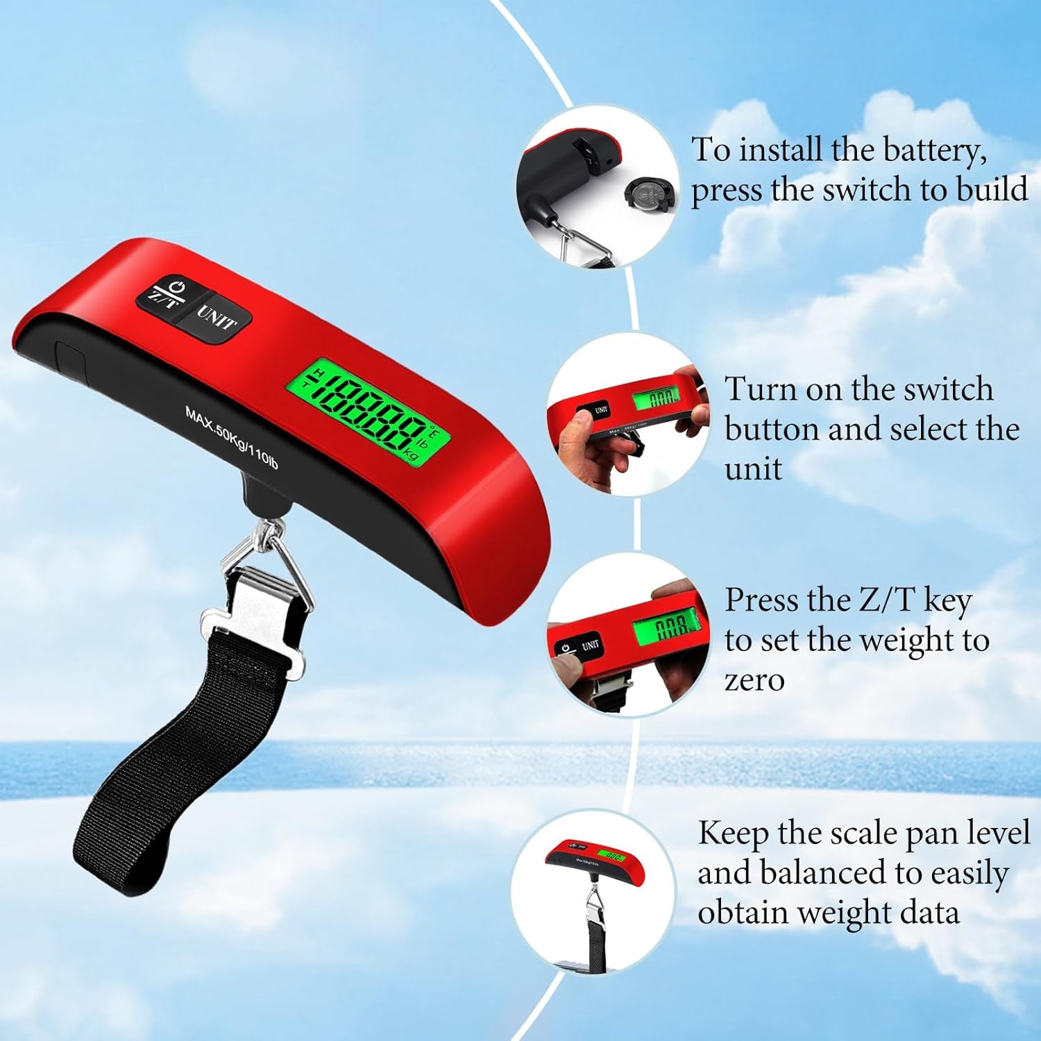 Luggage Scale, 110Lb Luggage Weight Scale with 4 Unit Switching Functions&Led Display, Luggage Scale Travel Digital for Weighing Luggage, Backpacks, Packages and Markets(Red)