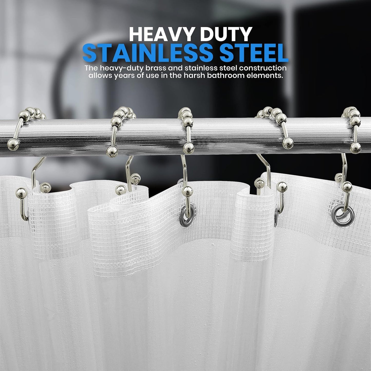 Double Glide Roller Set of 12 Shower Curtain Hooks, Double Sided Rings, Rust Proof Shower Curtain Rings, Nickel