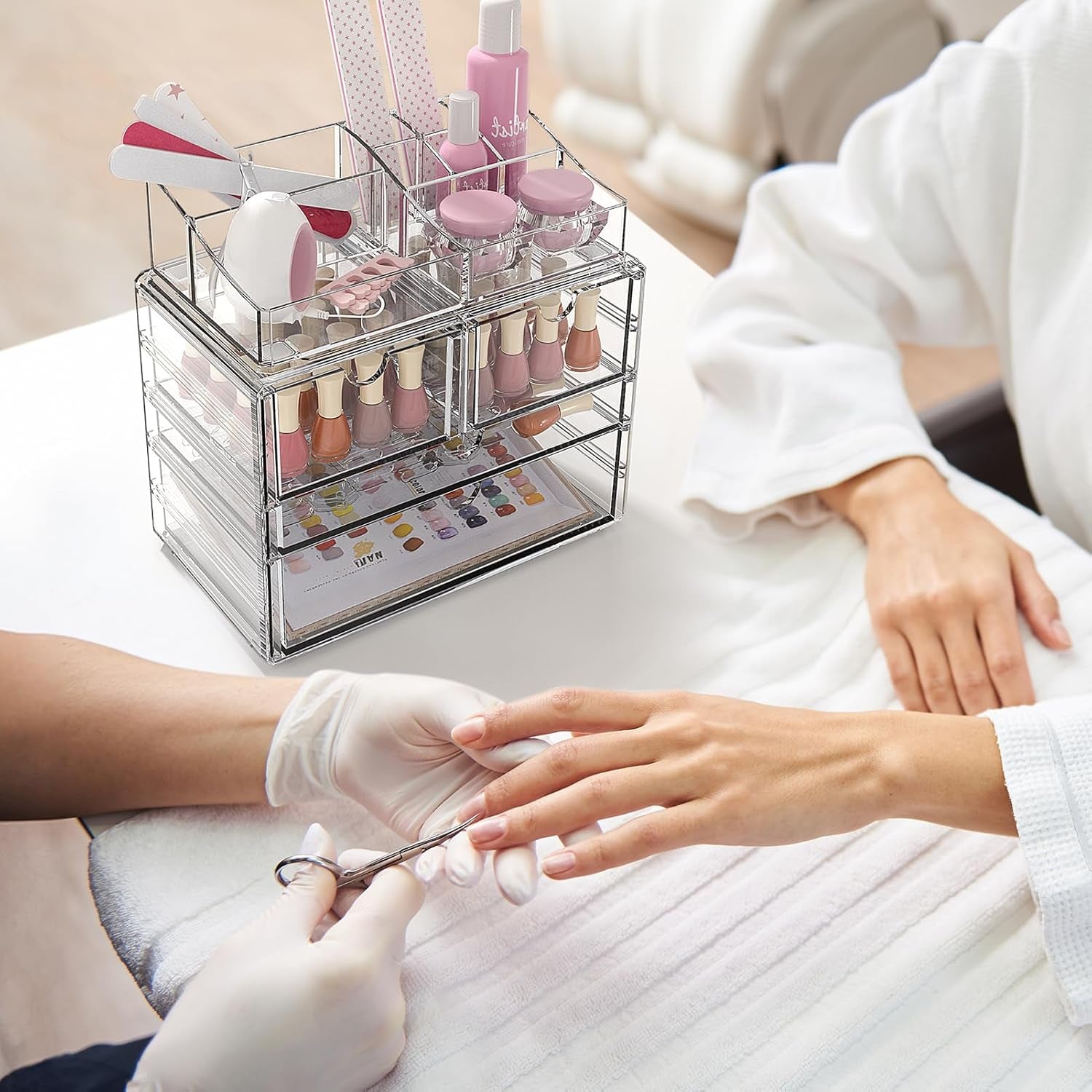 4-Tier Clear Makeup Organizer with Drawer, Acrylic Cosmetic Display Case for Makeup Vanity Bathroom Counter Organizers and Storage, Stackable Vanity Organizer for Brushes Lipsticks Skincare