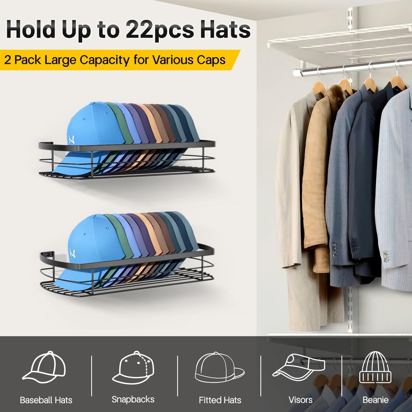 Metal Hat Rack for Wall, Hat Organizer for Baseball Caps Holds 22 Pcs Wall Mounted Snapback Storage Organizer Fits All Caps Shelves Holder Display, 2 Packs, Black