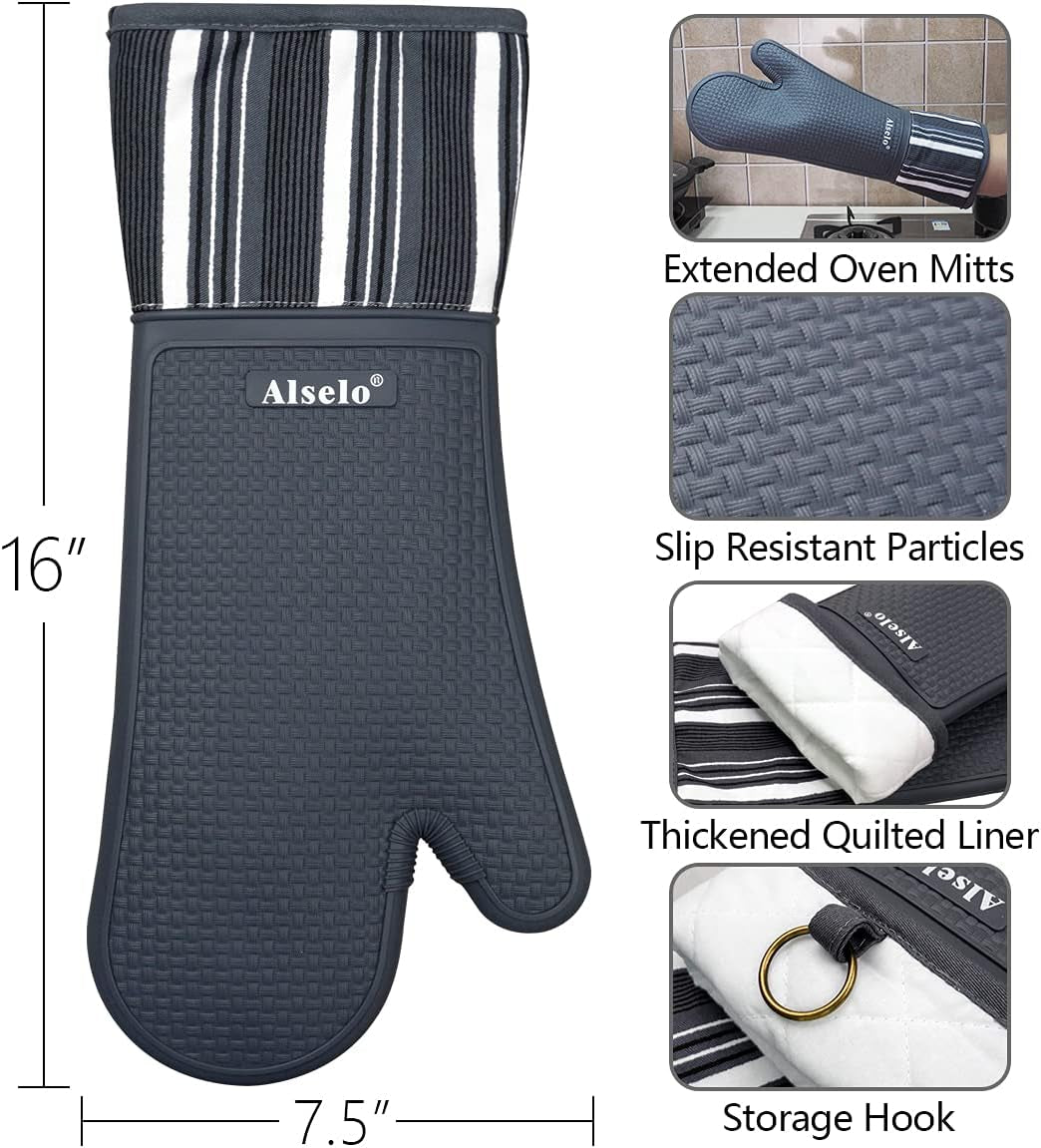 Silicone Oven Mitts Heat Resistant 550 Degree Extra Long Kitchen Gloves Pot Holders with Waterproof and Non-Silp for Baking Cooking Barbecue Microwave Machine Washable (Extra Long Grey, 2)