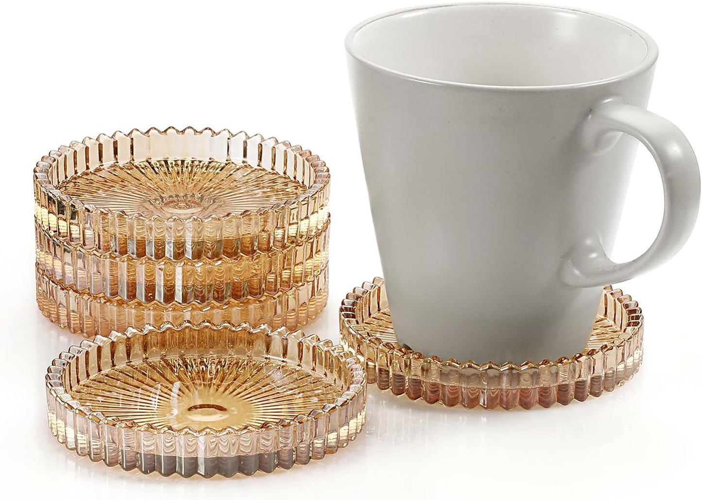 Modern Amber Glass Coaster Set of 5 - Elegant Round Coasters for Drinks, Ideal for Coffee Tables, Offices, Kitchens, Bars, Dining Rooms, Living Rooms, and Patios