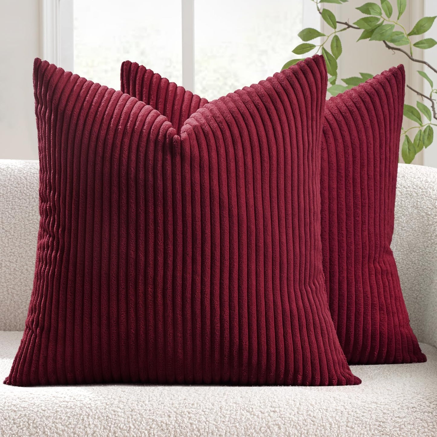 Winter Pack of 2 Corduroy Soft Soild Decorative Square Christmas Throw Pillow Covers Cushion Cases Pillow Cases for Couch Sofa Bedroom Car 18 X 18 Inch 45 X 45 Cm Burgundy
