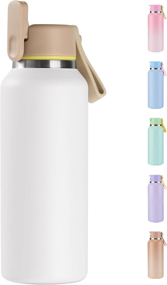 12Oz Kids Water Bottle for School Boys&Girls, Toddler Cup, 304 Stainless Steel Insulated Sport Water Bottle with Straws, Bpa-Free, White