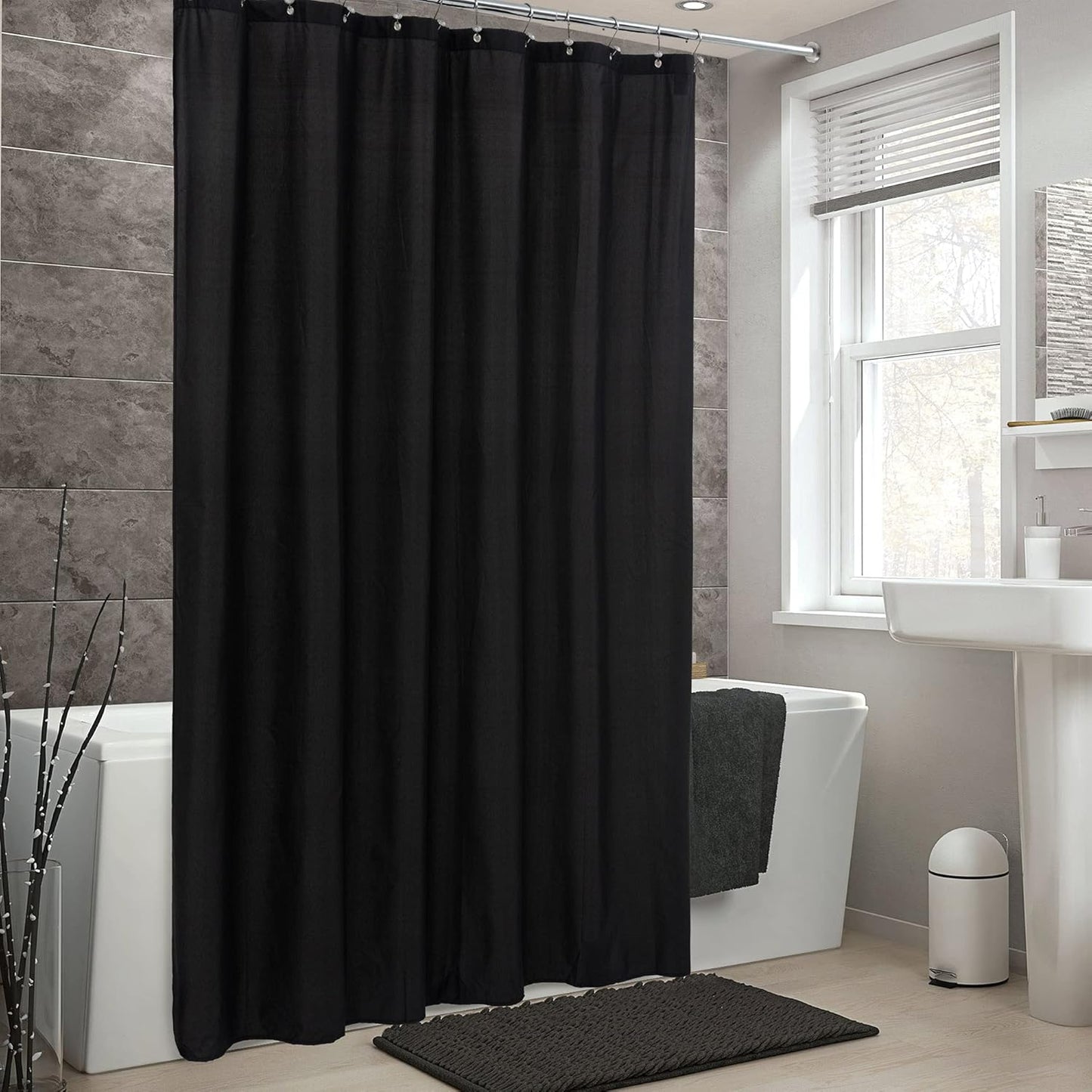 Waterproof Fabric Shower Curtain Soft Hotel Quality - 3 Magnets at Bottom, Premium Black Shower Curtain Liner for Bathroom, Light-Weight Cloth & Washable - 72X72, Black