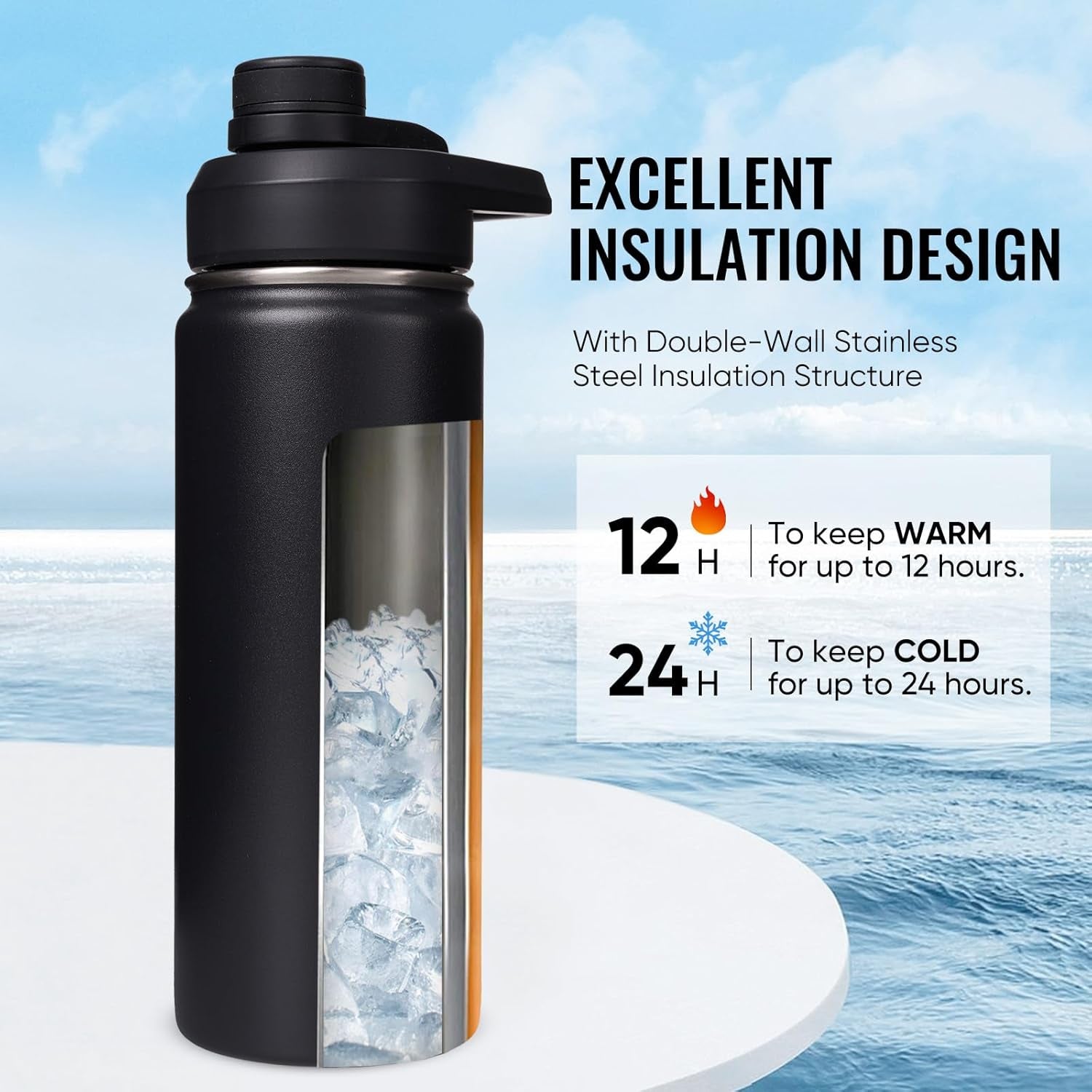 18 Oz Insulated Water Bottle with Handle, 304 Stainless Steel Water Bottles with Wide Mouth, Double Wall Vacuum Sports Water Bottle, BPA Free, Keep Cold and Hot, Black