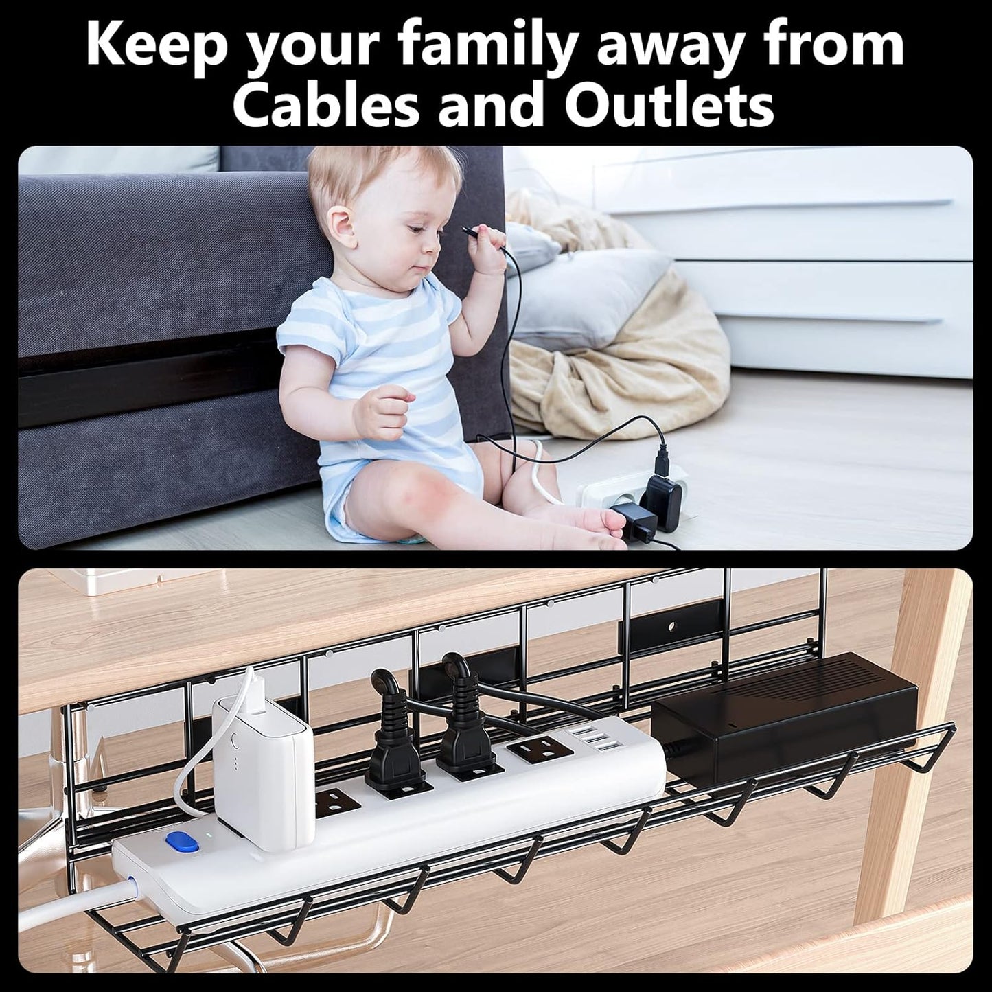 2 Pack  under Desk Cable Management Tray, Metal Cord Cable Organizer for Desk, Easy Install Pre-Drilled Wire Management Wire Organizer for Office & Home