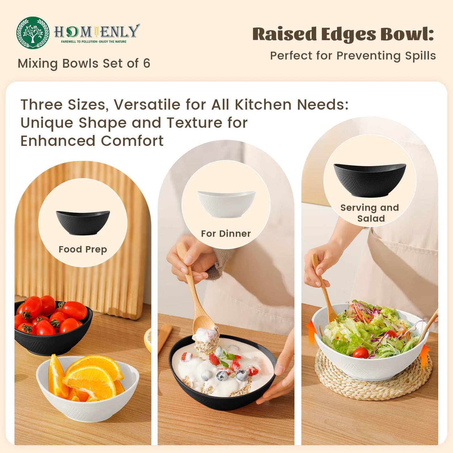 Wheat Straw Mixing Bowls Set - 6 Piece, Three Sizes (60 OZ, 26 OZ, 10 OZ), Microwave and Dishwasher Safe, Ideal for Salad, Snacks, and Cereal (Panda Color)