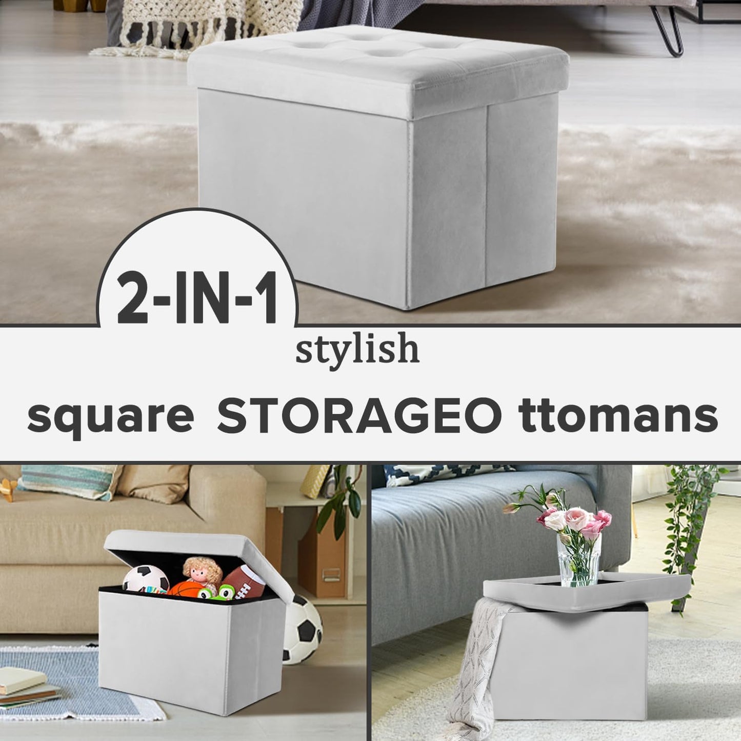 Modern Velvet Storage Ottoman and Foot Stool with Padded Design - 17"x13"x11" (Gray)