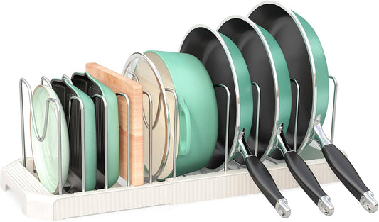 Pots and Pans Organizer for under Cabinet, Pan Pot Organizers inside Cabinet, Expandable Organizer with 10 Adjustable Dividers for Cookie Sheets, Cutting Boards, Pot Lids, Cookware - Frying Pan Rack