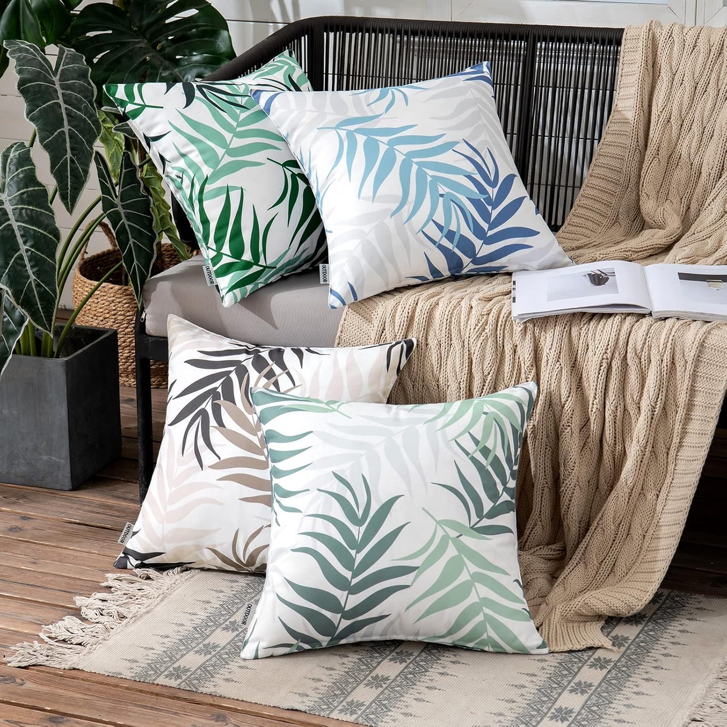 Pack of 2 Spring Outdoor Waterproof Throw Pillow Covers Decorative Patio Pillow Cases Natural Leaves Pattern Spring Square Cushion Shams Shell for Garden Balcony Couch 18X18 Inch, Greyish Green