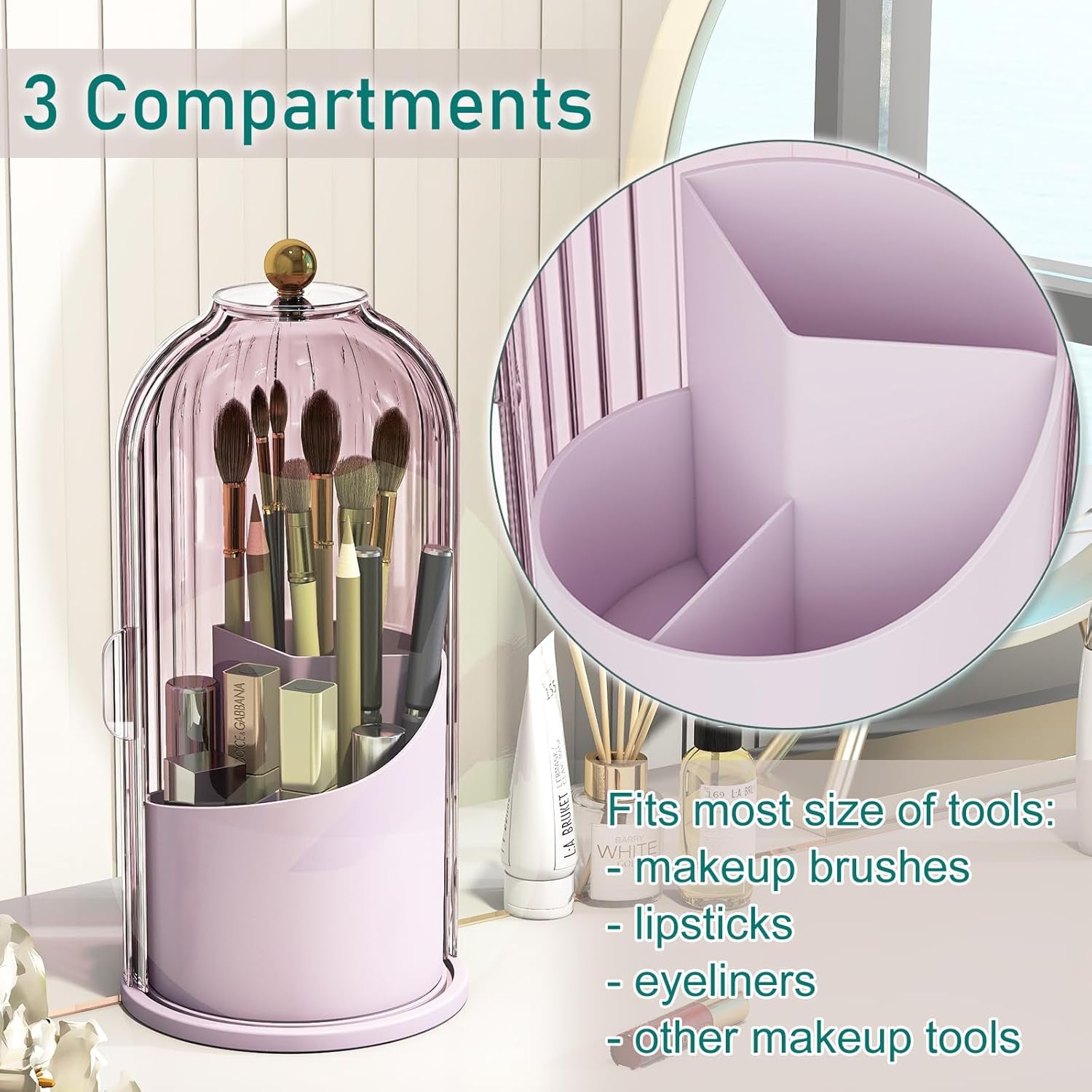 Makeup Brush Holder with Lid Cosmetic Tools Organizer 360 Rotating Waterproof Dustproof Beauty Brushes Storage for Vanity, Pink-Purple