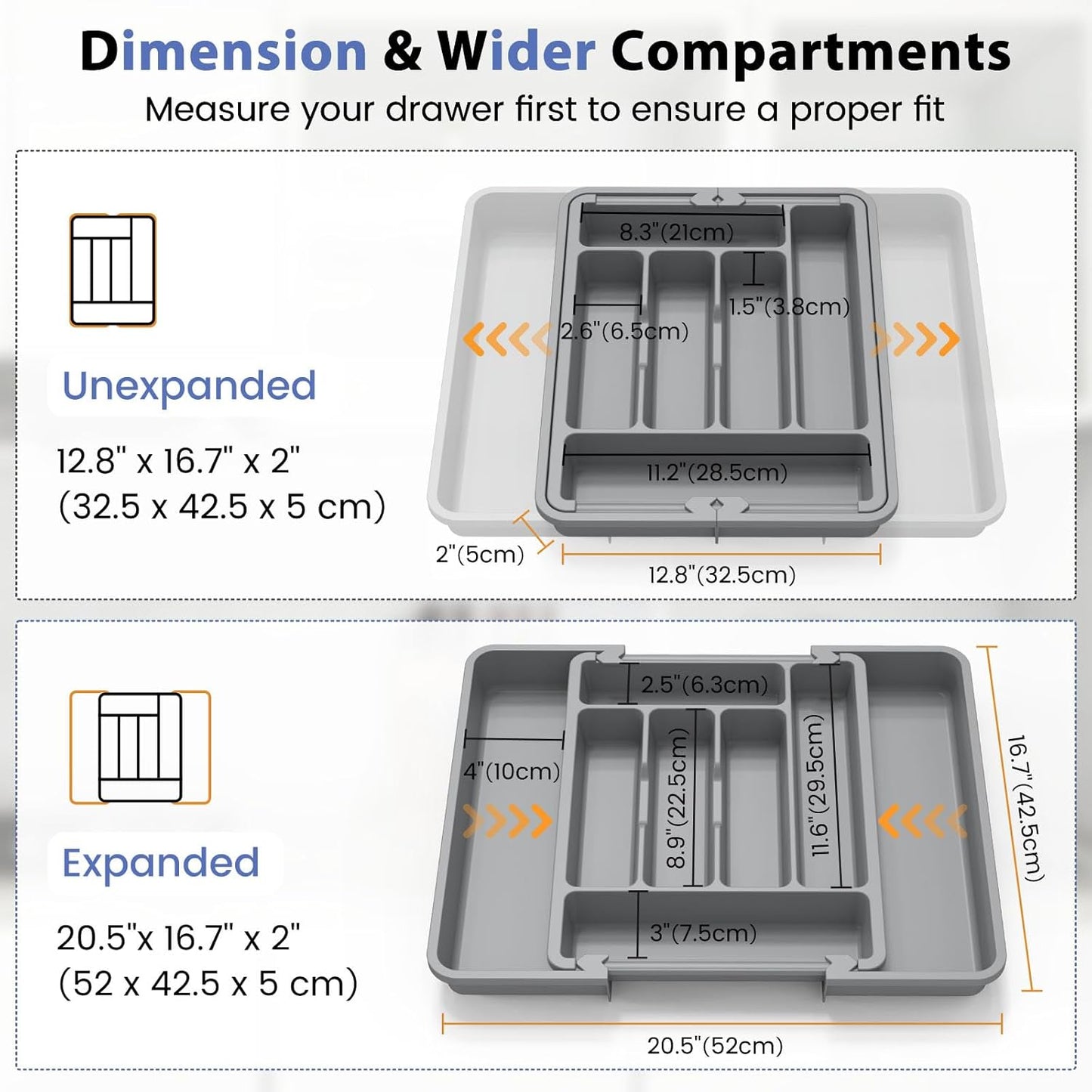 Expandable Large Silverware Organizer for Kitchen Drawers - BPA-Free Thick Plastic with Wider Compartments and Non-Skid Feet (Medium Gray)