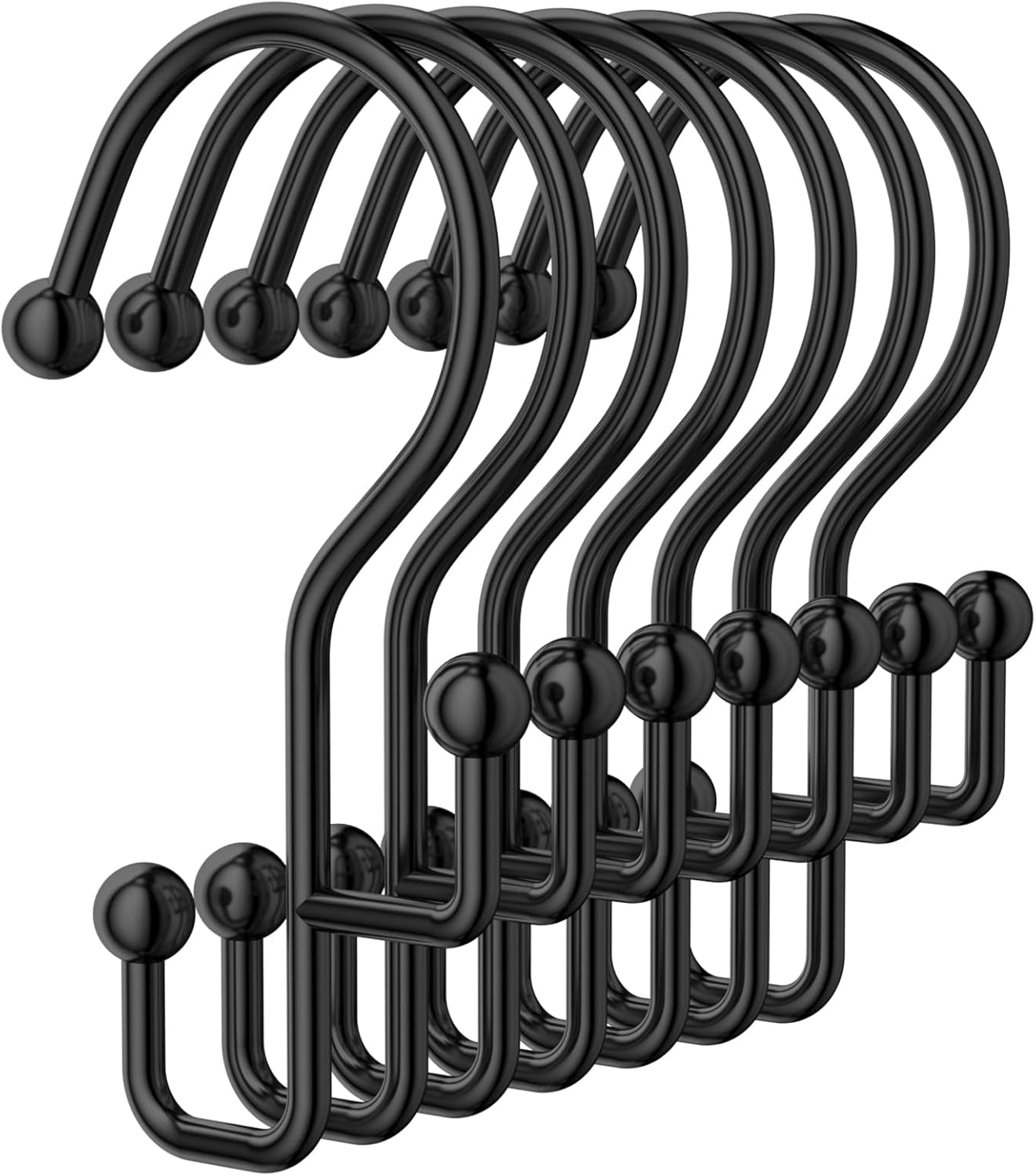 Shower Curtain Hooks, Black Shower Curtain Hooks Rust Proof, Anti-Drop Metal Shower Curtain Rings Hooks, Double Shower Hooks for Shower Curtain, Shower Rings for Curtain & Liner, Black-12 Pcs