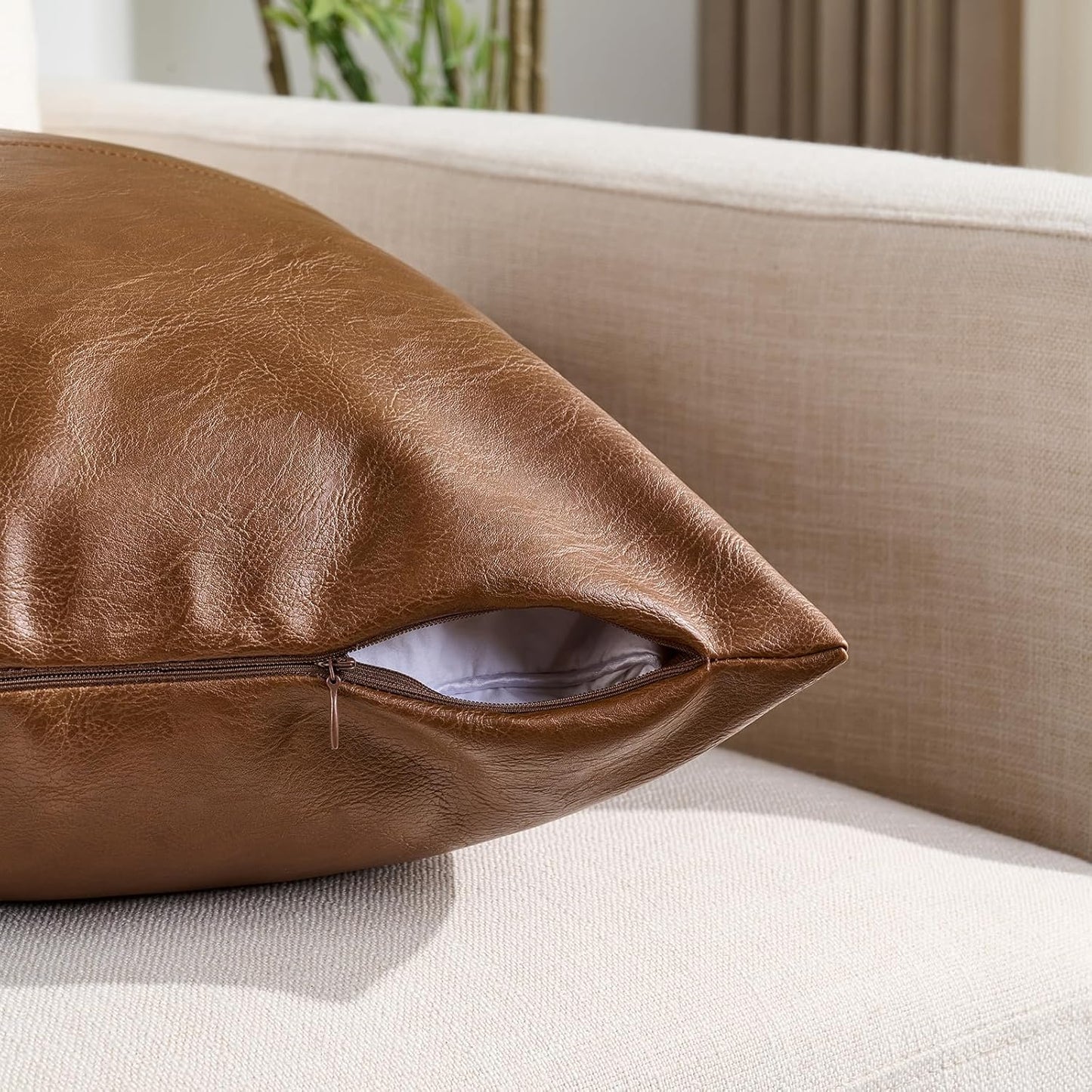 2 Packs Brown Boho Lumbar Faux Leather Decorative Throw Pillow Covers 12X20 Inch for Couch Bed Sofa, Cross Patchwork Textured Rectangle Cushion Case, Rustic Western Farmhouse Home Decor