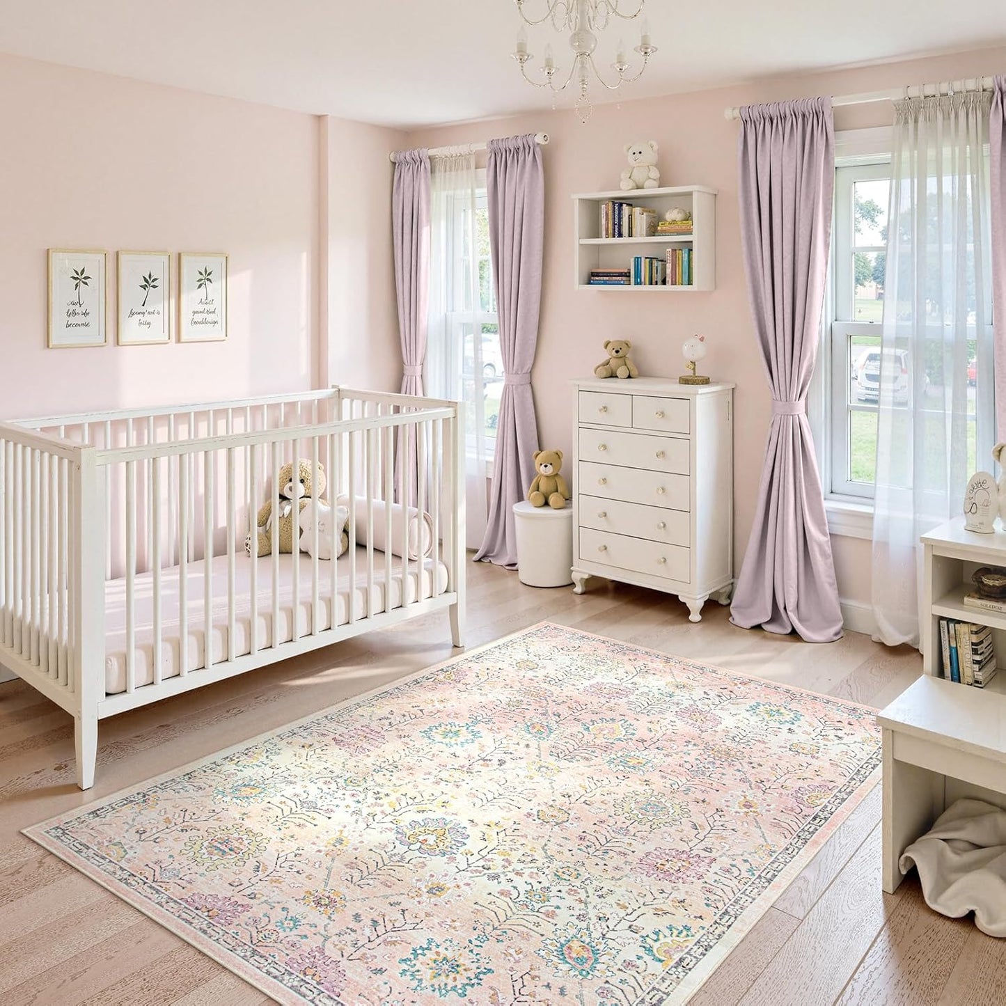 Pink Boho Area Rug for Nursery, 5X7 Washable Pink Rugs for Bedroom Girls Kids Room Living Room, Floral Pastel Carpet Non Slip for Classroom Playroom Dorm