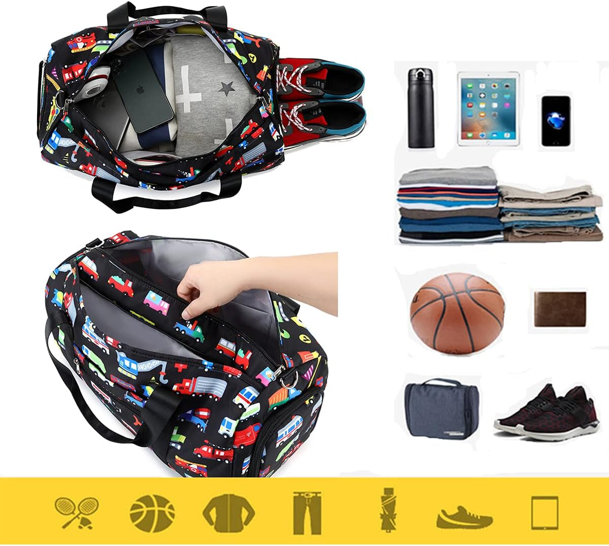 Kids Duffle Bag for Boys Girls Water Resistant Small Gym Bag Overnight Weekender Travel Tote with Shoe Compartment and Wet Pocket