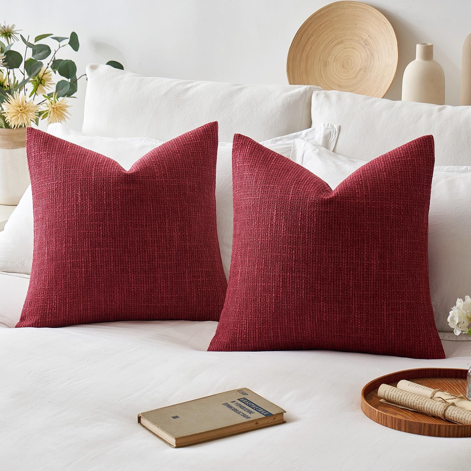 Burlap Linen Throw Pillow Covers 18X18 Inch Set of 2 Burgundy Red Decorative Pillows Modern Farmhouse Pillowcases Soft Accent Cushion Covers for Outdoor Couch Sofa Bedroom Livingroom Home Decor