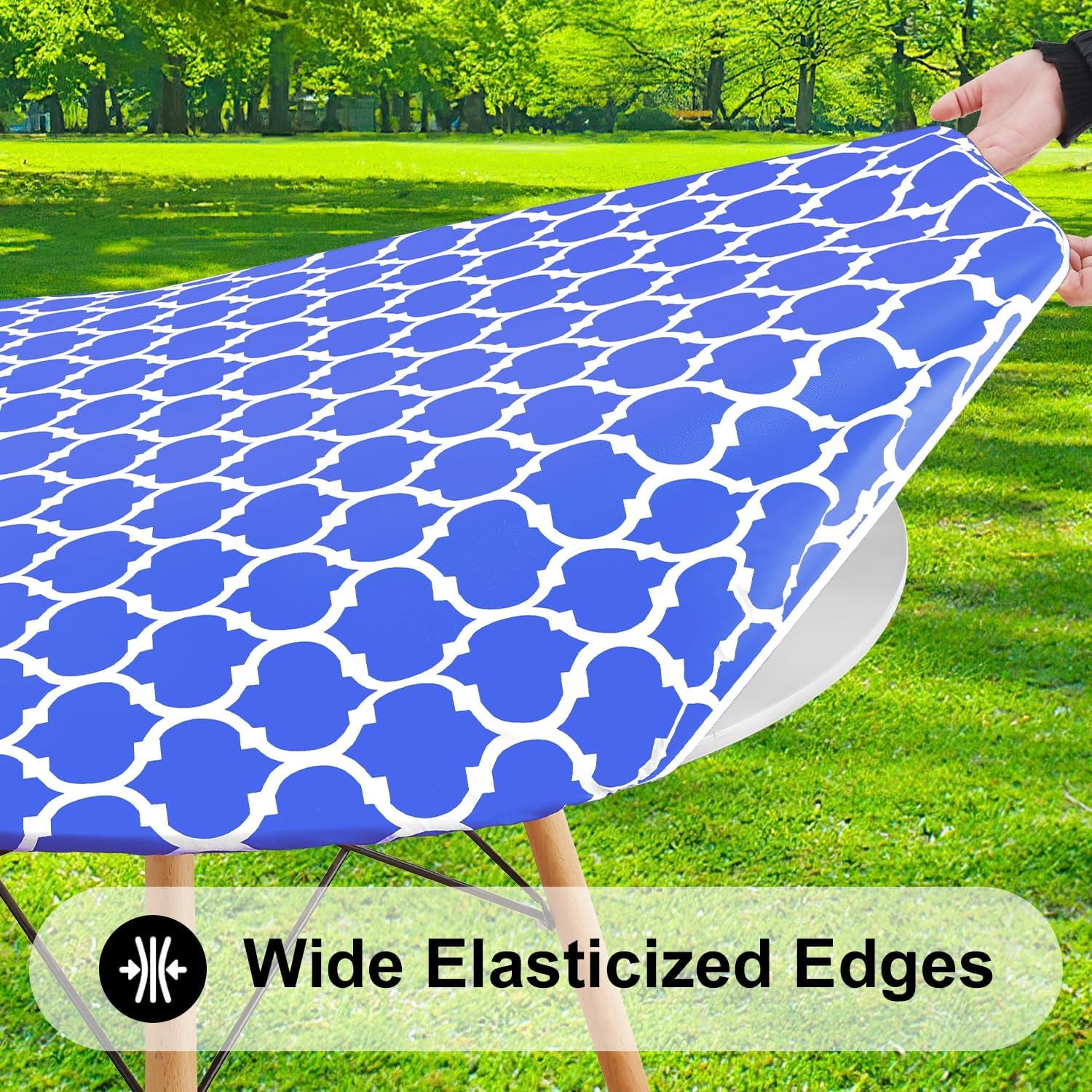 round Picnic Tablecloth, Waterproof Elastic Fitted Table Covers for 36" - 44" Tables, Wipeable Flannel Backed Vinyl Tablecloths for Camping, Indoor, Outdoor, Blue & White