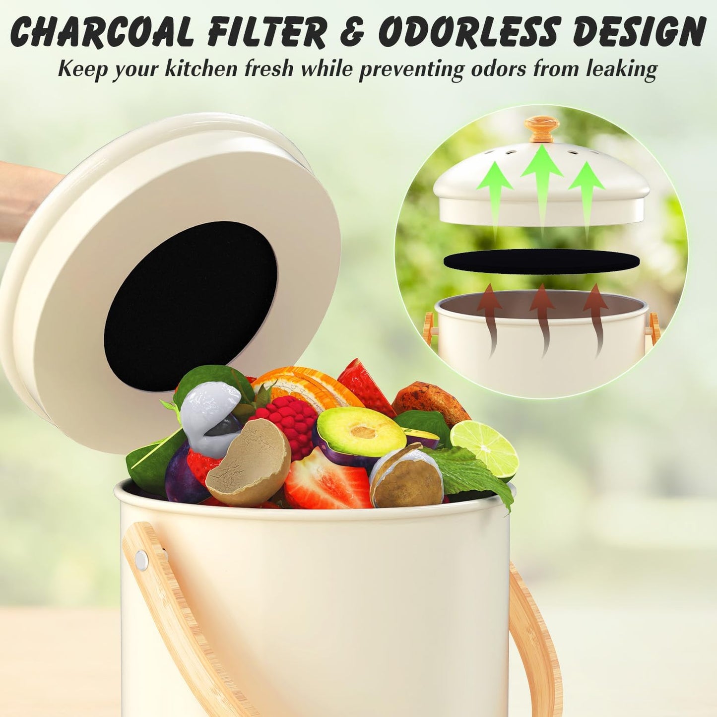 1.3 Gallon Compost Bin Kitchen Counter, Stainless Steel Odorless Indoor Compost Bin Includes 4 Pack Carbon Filters, Countertop Compost Bin with Lid, Kitchen Compost Bucket with Bamboo Handles