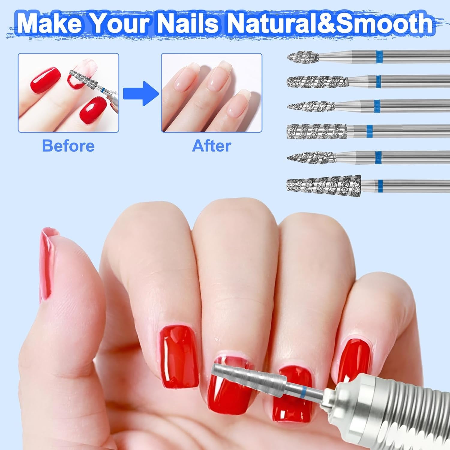 6 Pack Nail Drill Bits for Acrylic Nails, Diamond Carbide Nail Clipper Heads with Diamond Spiral Grooves, 3/32 Inch Cutter Attachment for Nail Preparation, Cuticle and Dead Skin Removal-Blue