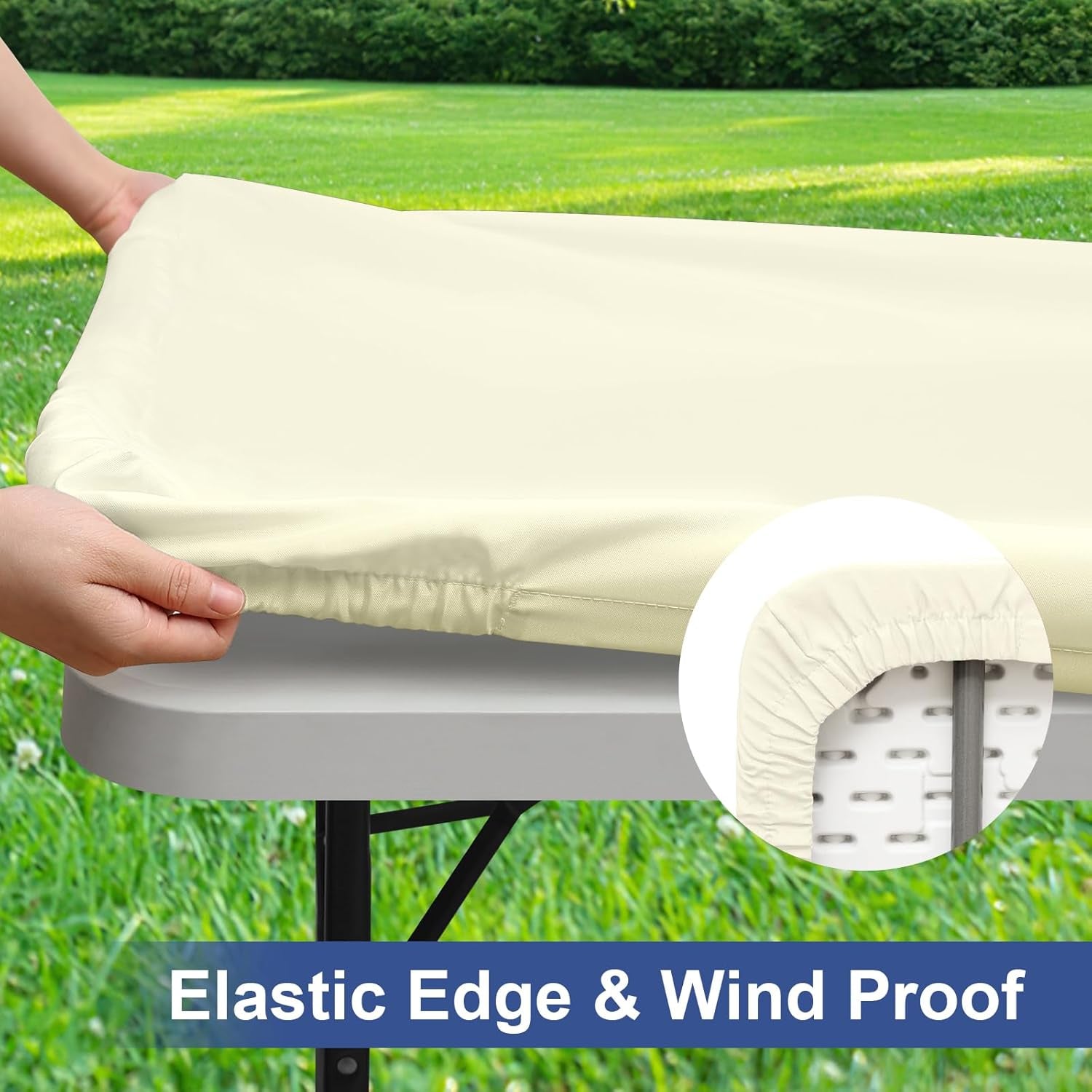 2 Pack Rectangle Table Cloth, Elastic Fitted Fabric Tablecloth Fits for 5 Foot Folding Tables, Washable Table Cover for Picnic, Camping, Indoor & Outdoor (Cream Yellow, 30" X 60")
