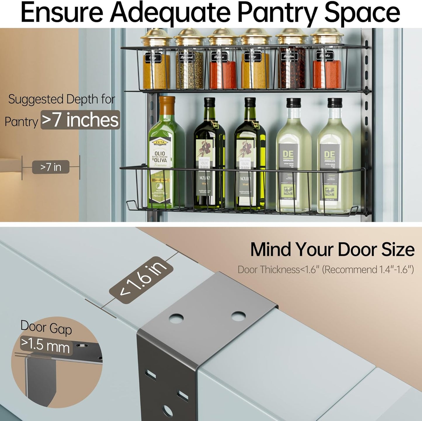 Adjustable Cabinet Door Organizer, 6-Tier Hanging Spice Rack Organizer, Metal over the Door Pantry Organizer, Pantry Organizers and Storage Shelves for Kitchen Bathroom Laundry Room, Black