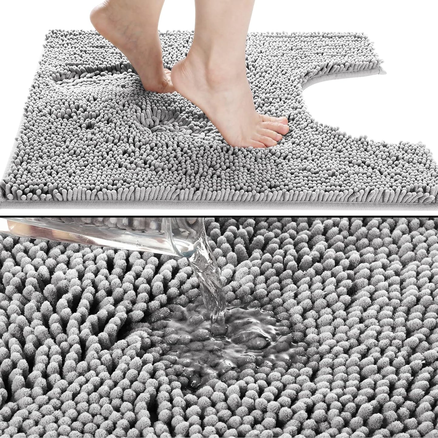Luxury Shaggy Toilet Bath Mat U-Shaped Contour Rugs for Bathroom, 24.4 X 20.4 Inches, Soft and Comfortable, Maximum Absorbent, Dry Quickly, Non-Slip, Machine-Washable,Grey