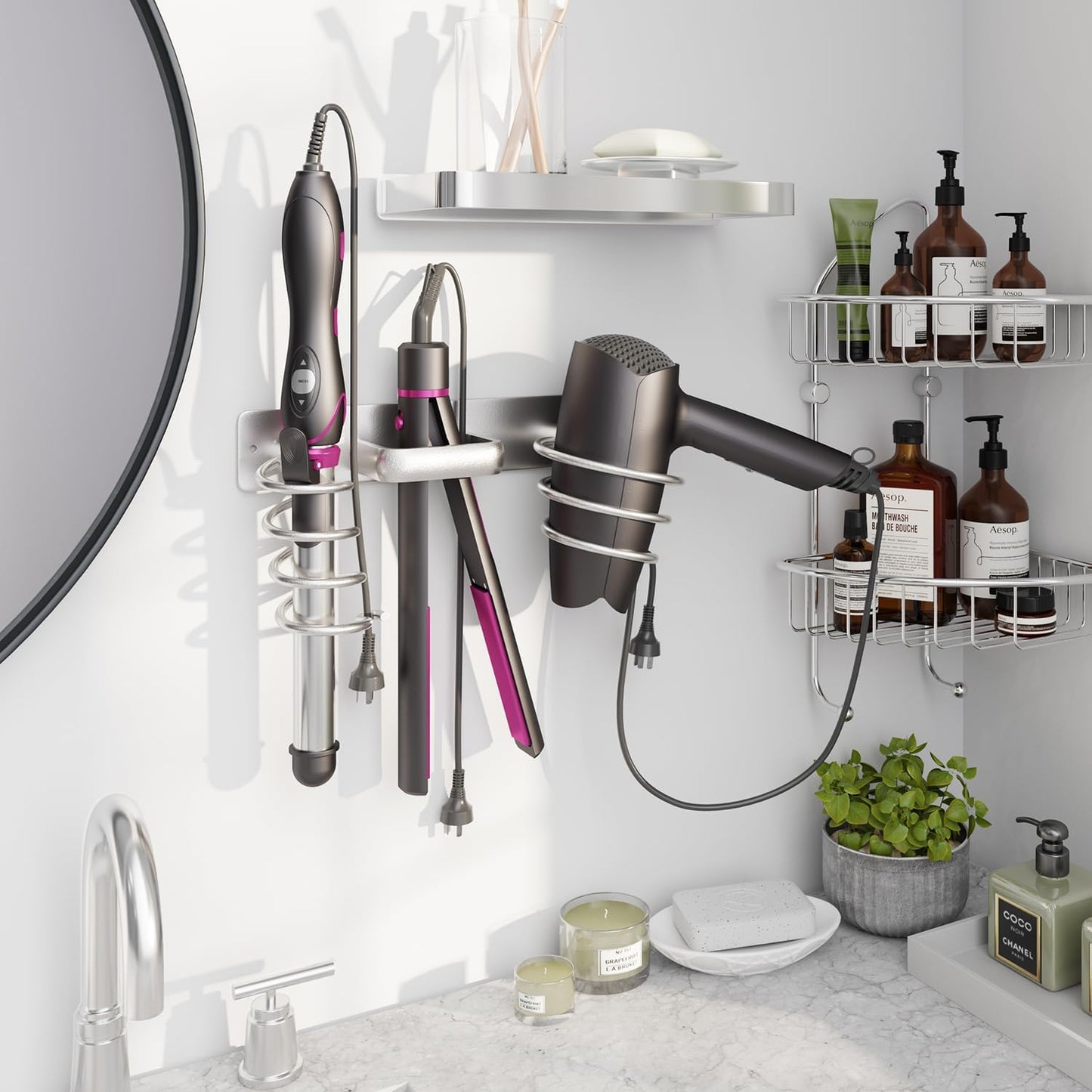 3-in-1 Wall-Mounted Hair Tool Organizer for Blow Dryer, Flat Iron, and Curling Iron - Silver Finish