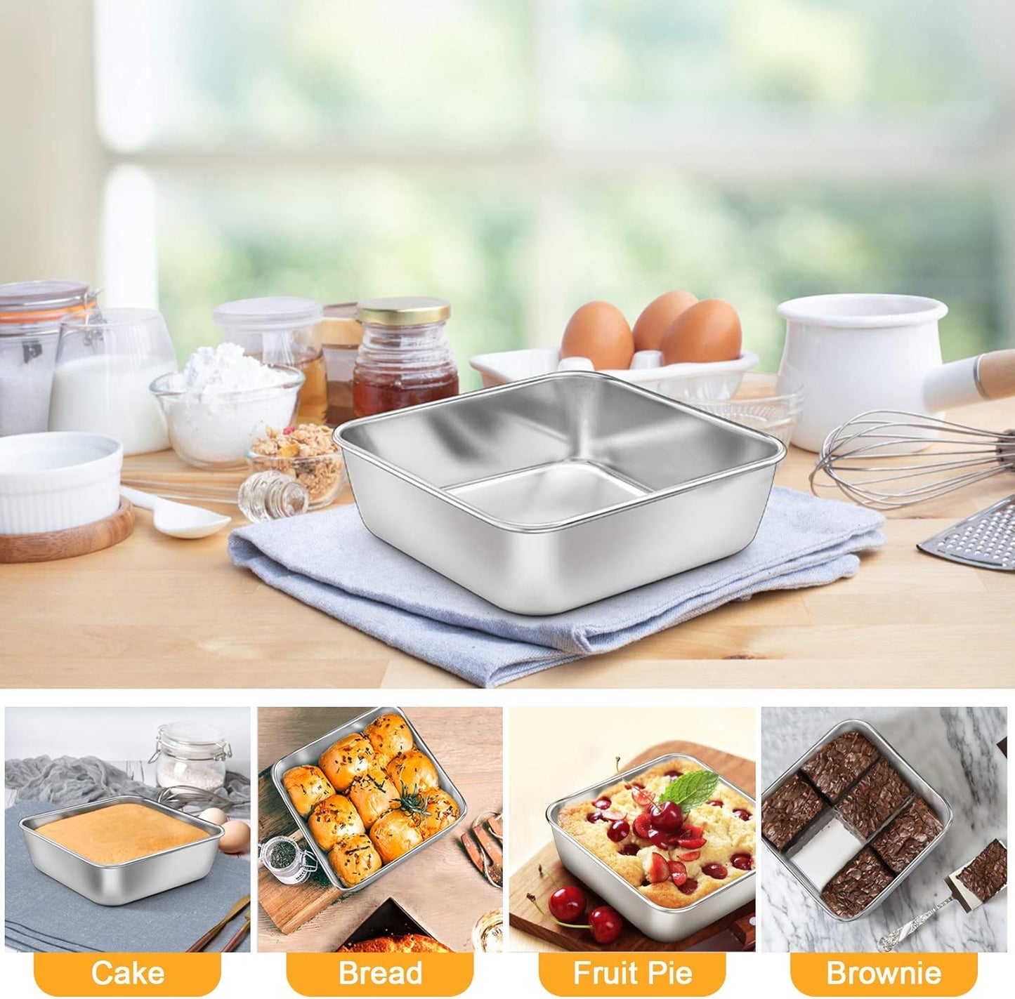 Square Baking Cake Pans, Small Stainless Steel Lasagna Brownie Pan for Birthday Cake Bread Pie, Non-Toxic & Durable, Smooth Rim & Leakproof, Oven & Dishwasher Safe, 6 Inch & 4 Pcs