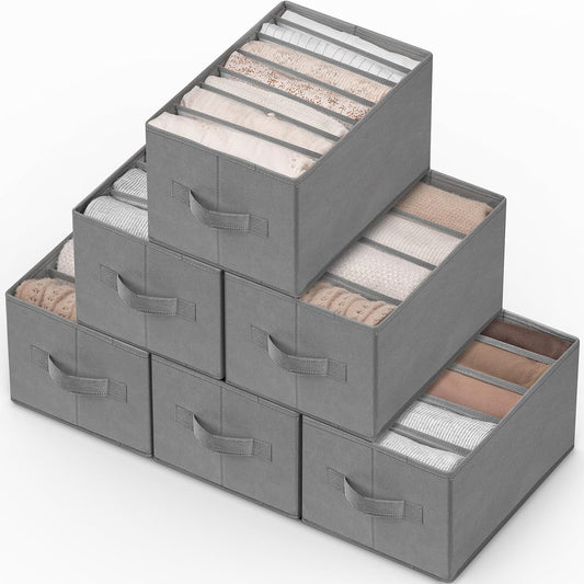 6 Pack Large Clothes Organizer, Wardrobe Closet Organizer and Storage with Handles, Foldable Fabric Closet Organizers Dividers for Clothing, Pants, Jeans, Sweater, T-Shirts, Grey