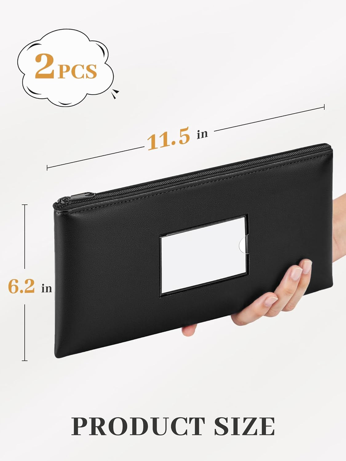 Money Bags with Zipper, 2-Pack Bank Bags with Label, Waterproof Leather Money Pouches, for Cash Coin Bill Invoice Deposit Receipt Storage and Organize, 11.5 X 6.2 Inches (Black)